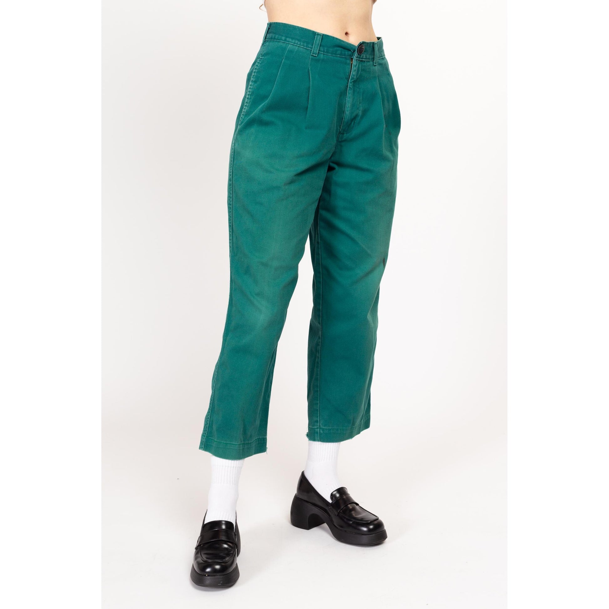 Petite Medium 90s Dockers Faded Teal Cotton High Waisted Pants 28" | Vintage Distressed Pleated Tapered Leg Casual Trousers