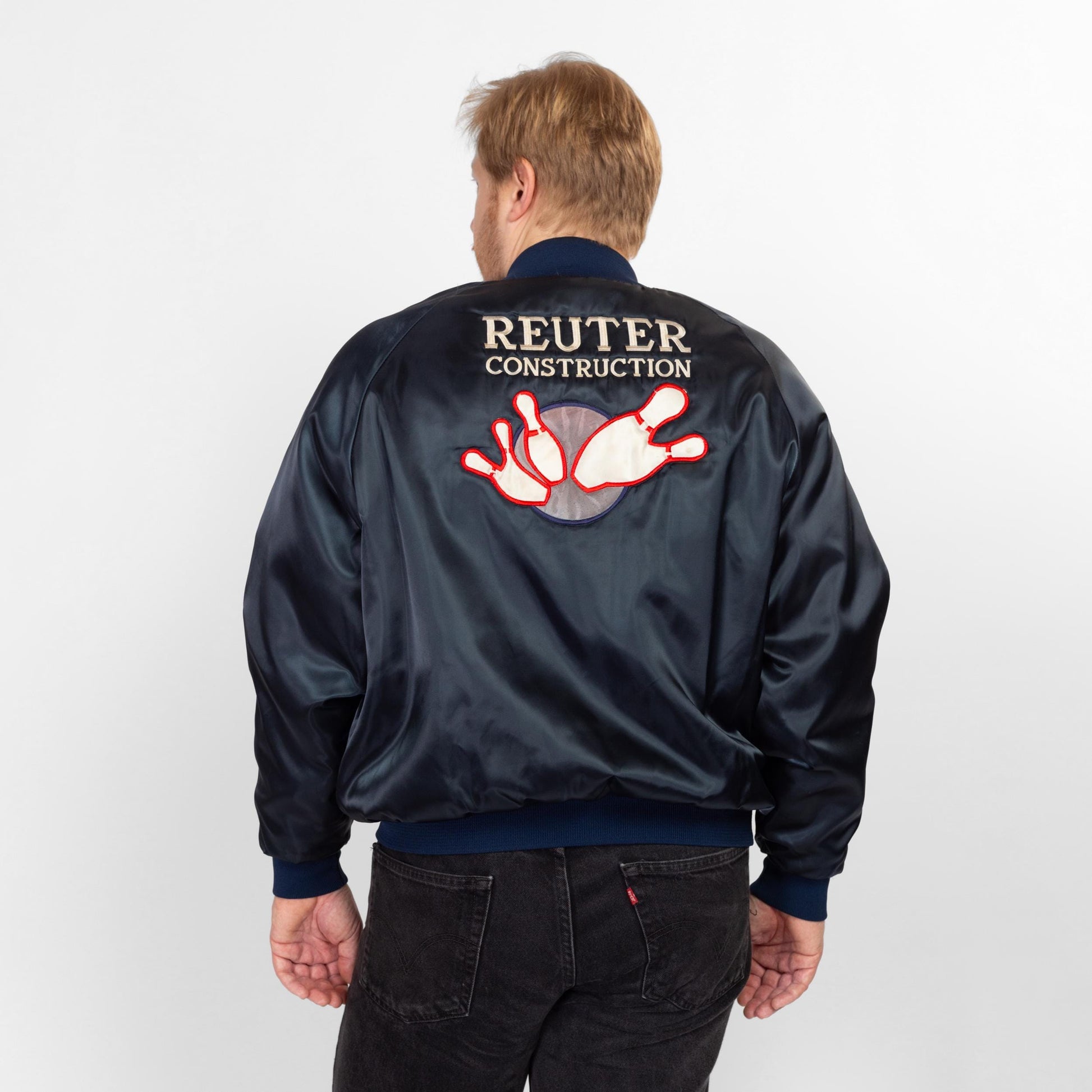 XXL 80s Bowling League Satin Varsity Jacket | Vintage Navy Blue Snap Up Bomber Coat