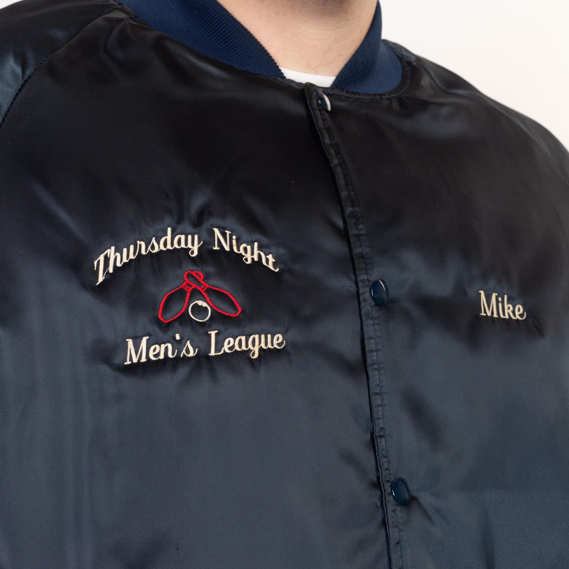 XXL 80s Bowling League Satin Varsity Jacket | Vintage Navy Blue Snap Up Bomber Coat
