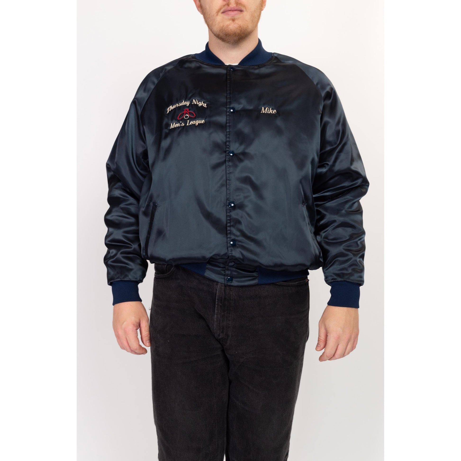 XXL 80s Bowling League Satin Varsity Jacket | Vintage Navy Blue Snap Up Bomber Coat