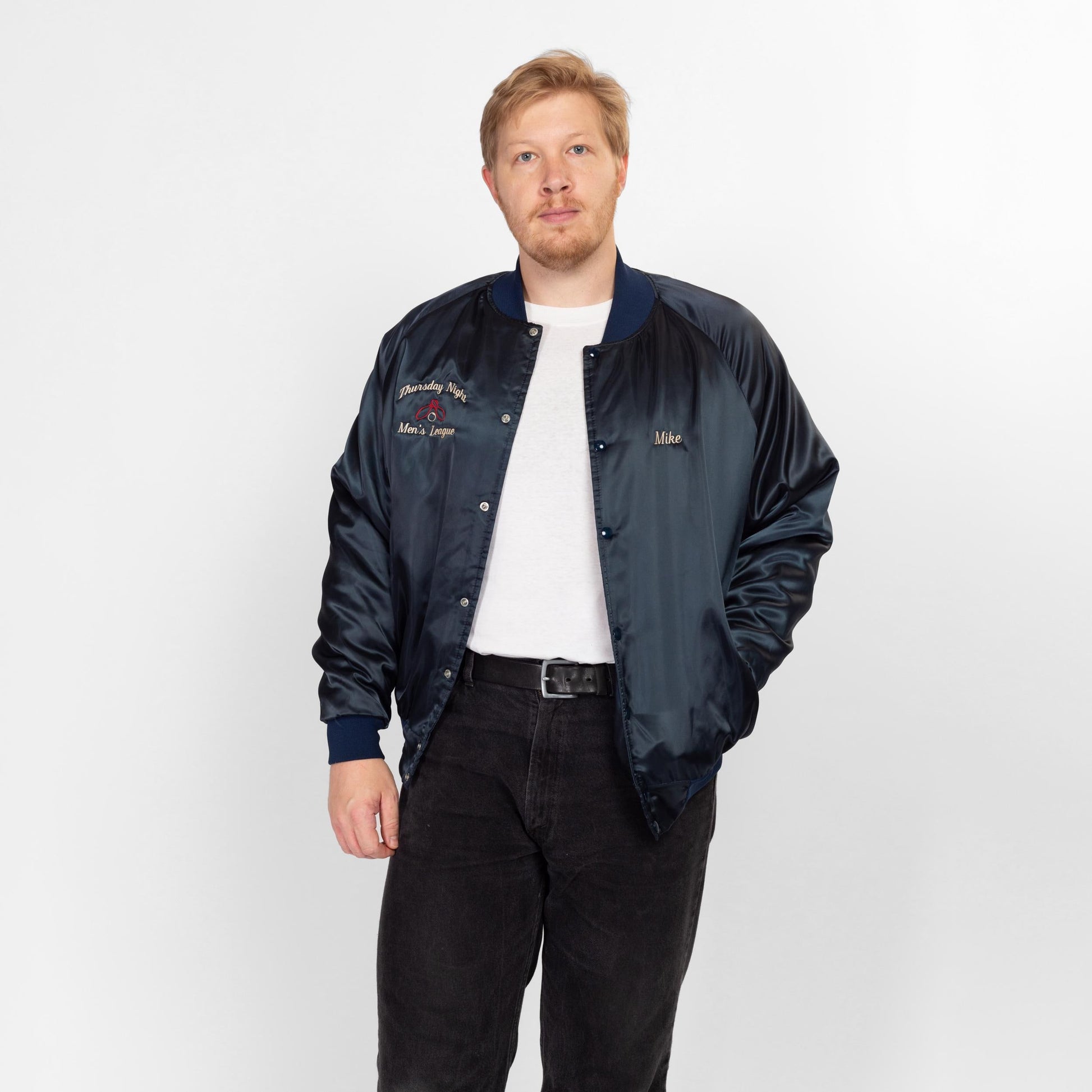 XXL 80s Bowling League Satin Varsity Jacket | Vintage Navy Blue Snap Up Bomber Coat