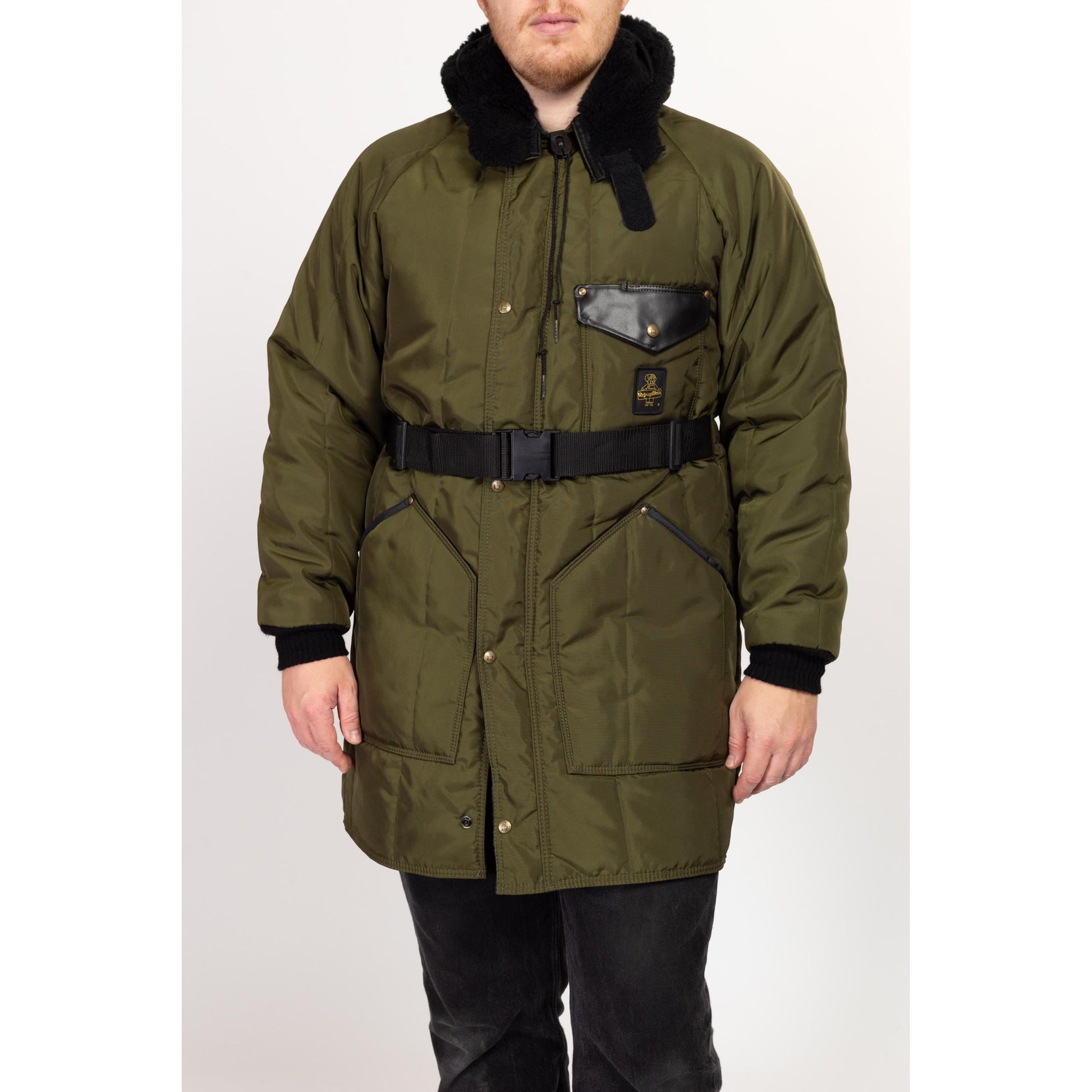 Med-Lrg 90s Refrigiwear Army Green Hooded Snow Jacket | Vintage Belted Zip Up Puffer Winter Ski Coat