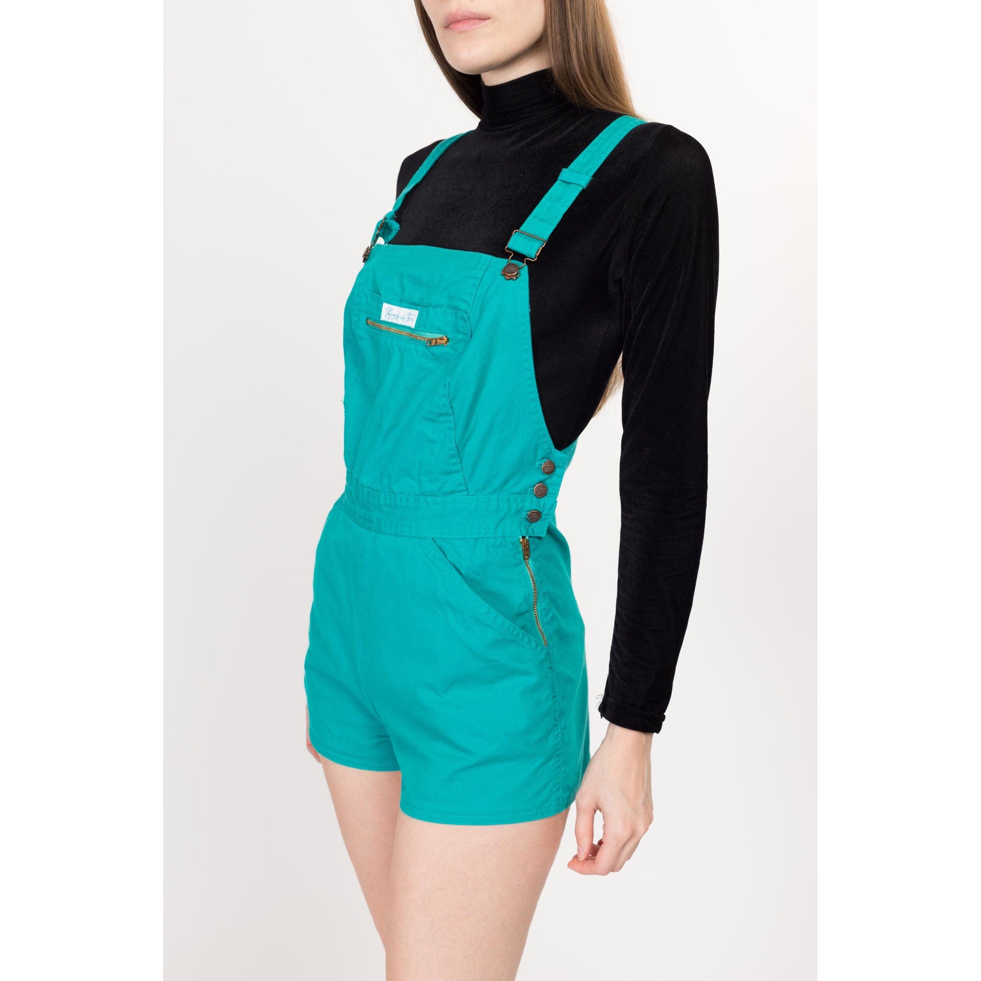Petite XS 70s Chemin De Fer Teal Overall Shorts | Retro Vintage Cotton Romper Shortalls