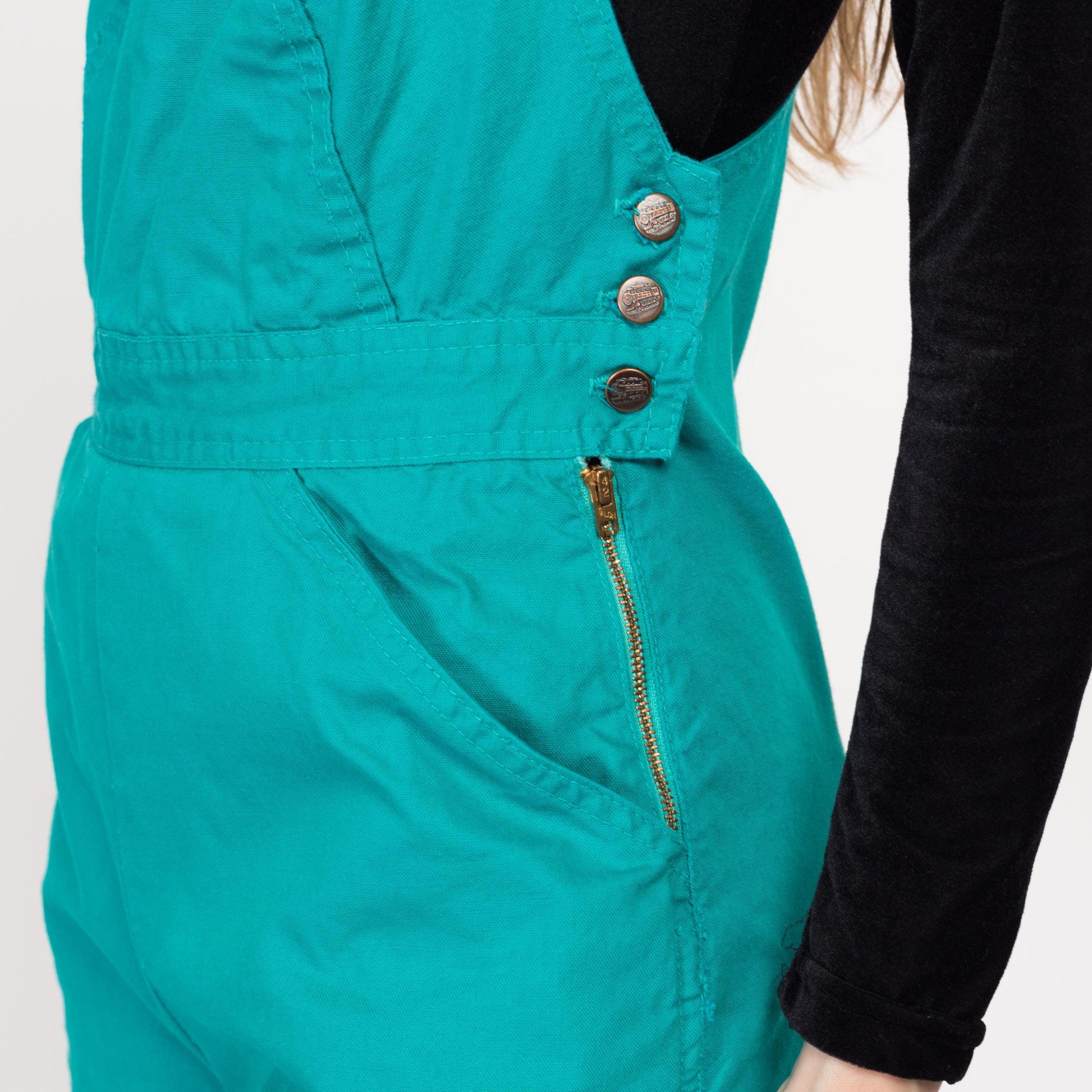 Petite XS 70s Chemin De Fer Teal Overall Shorts | Retro Vintage Cotton Romper Shortalls