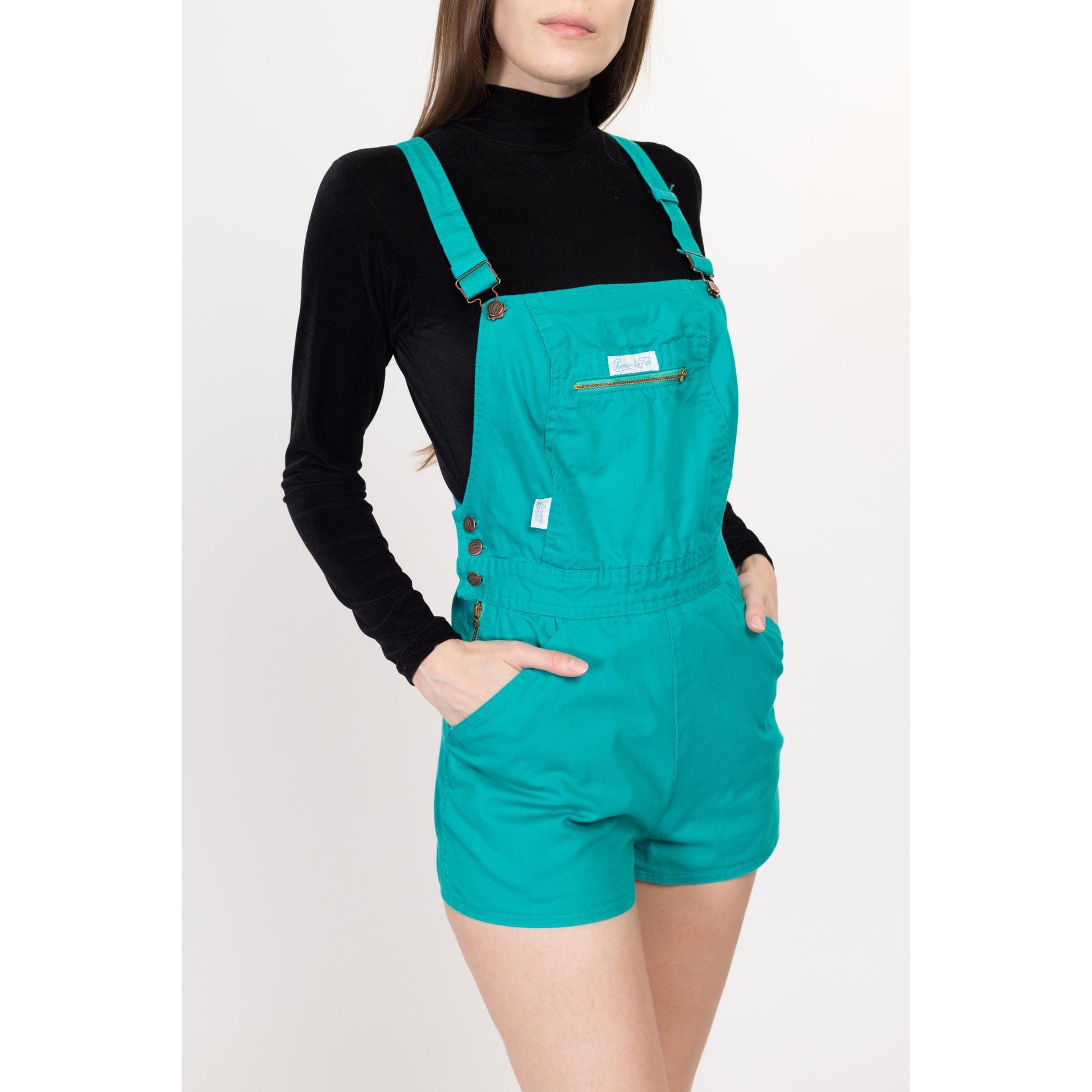 Petite XS 70s Chemin De Fer Teal Overall Shorts | Retro Vintage Cotton Romper Shortalls