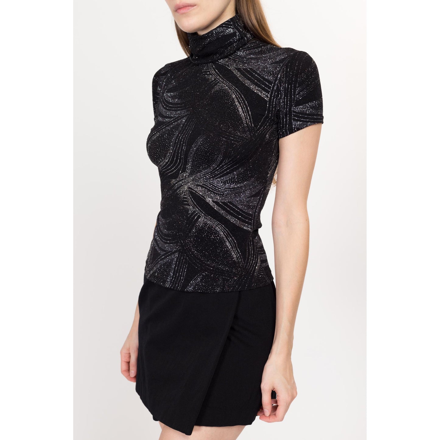 XS 90s Black & Silver Galaxy Glitter Top | Vintage Gothic Stretchy Sparkle Turtleneck Shirt