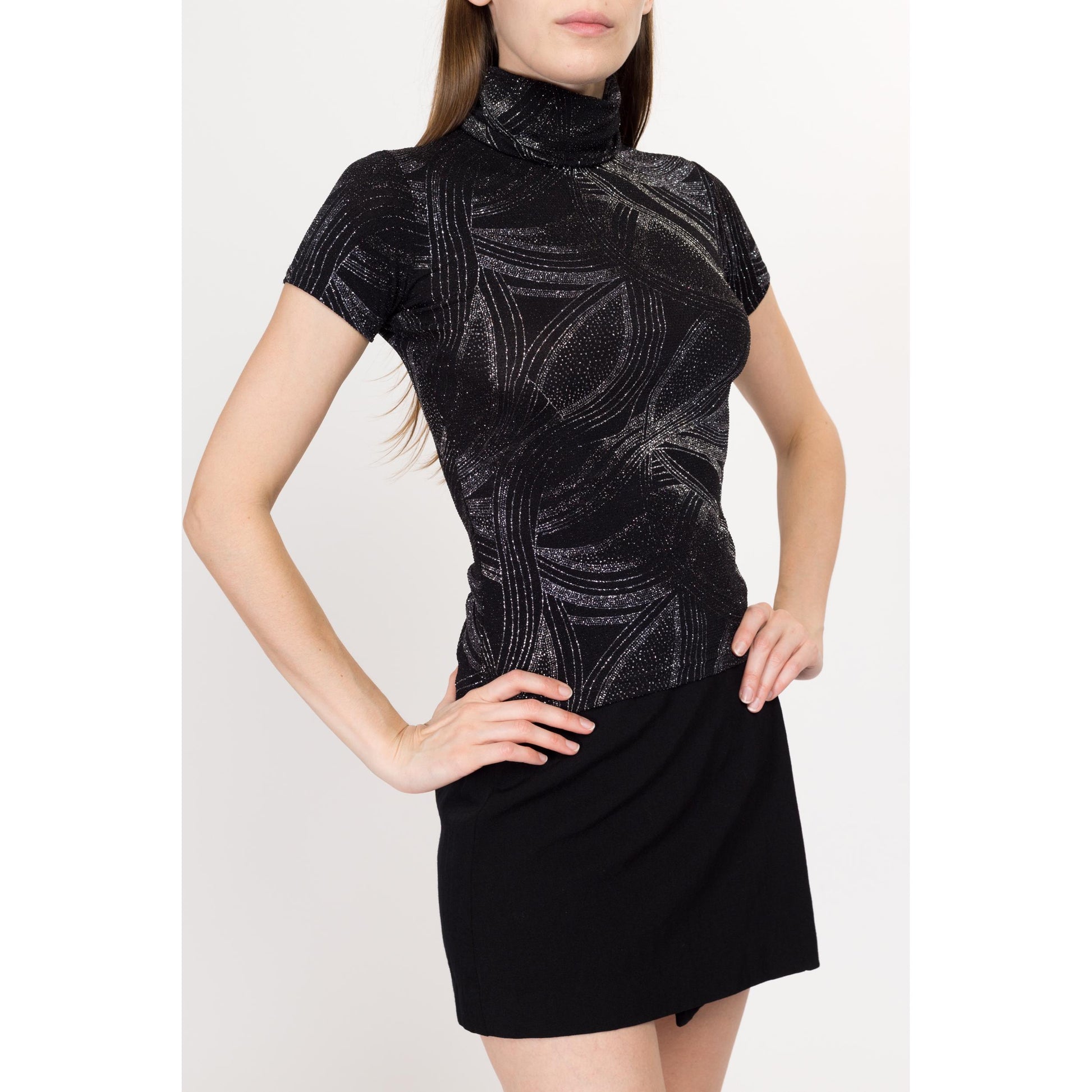 XS 90s Black & Silver Galaxy Glitter Top | Vintage Gothic Stretchy Sparkle Turtleneck Shirt