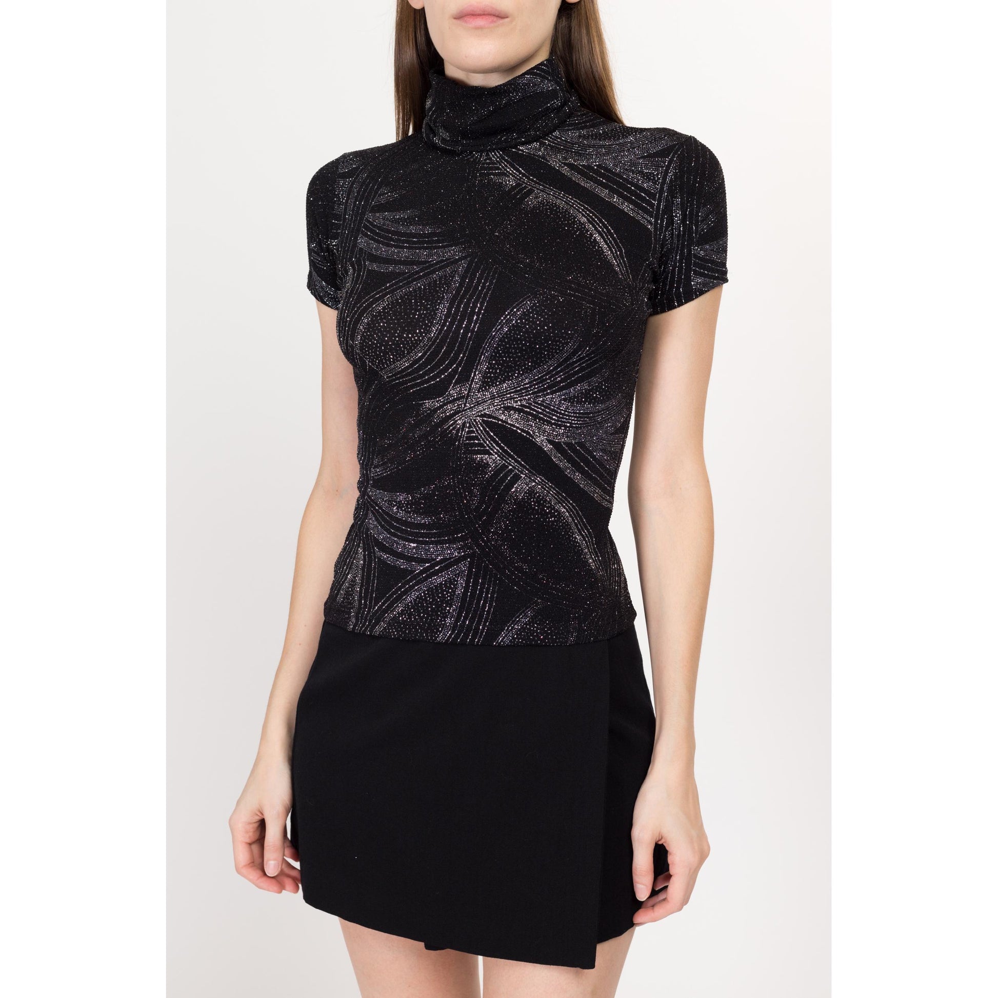 XS 90s Black & Silver Galaxy Glitter Top | Vintage Gothic Stretchy Sparkle Turtleneck Shirt