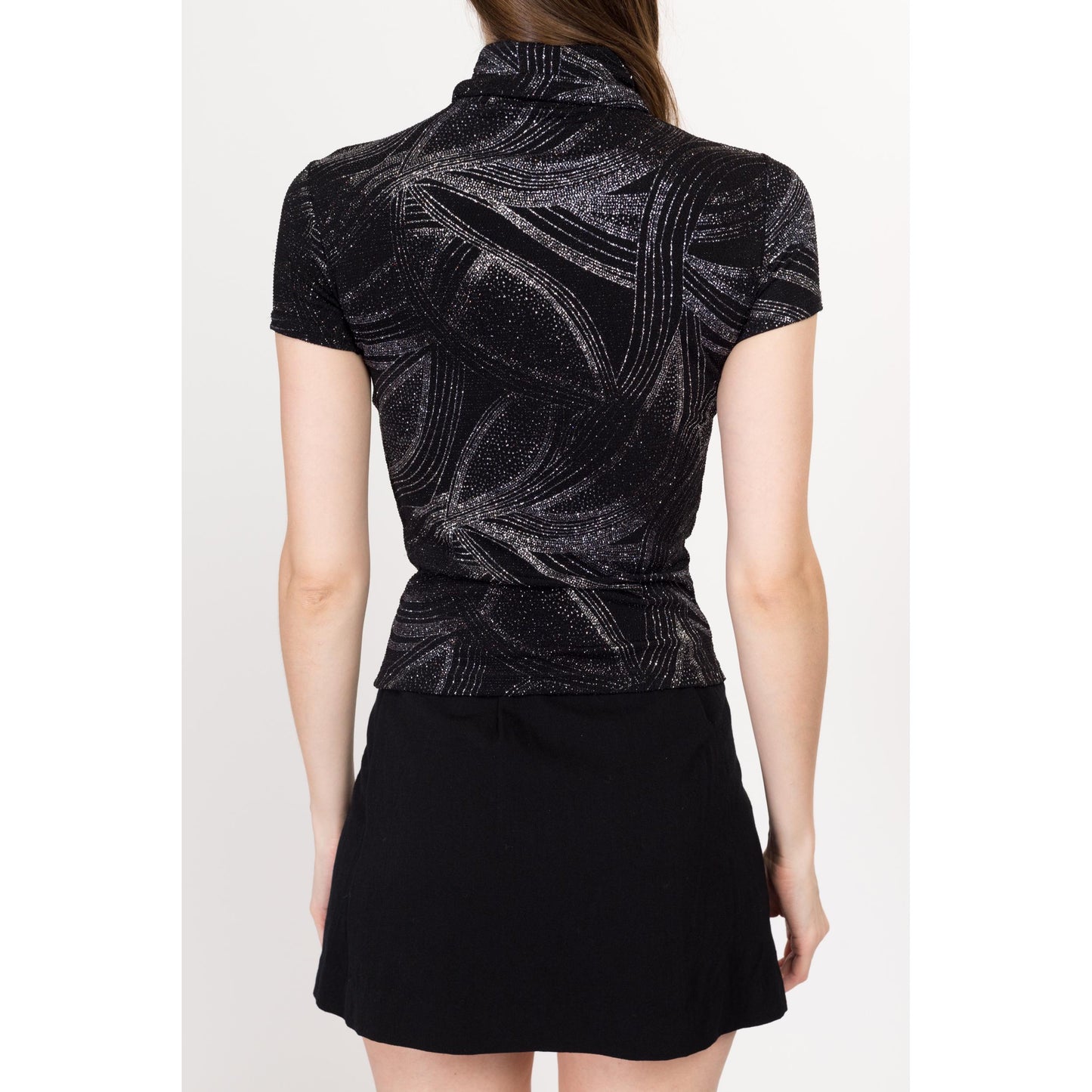 XS 90s Black & Silver Galaxy Glitter Top | Vintage Gothic Stretchy Sparkle Turtleneck Shirt