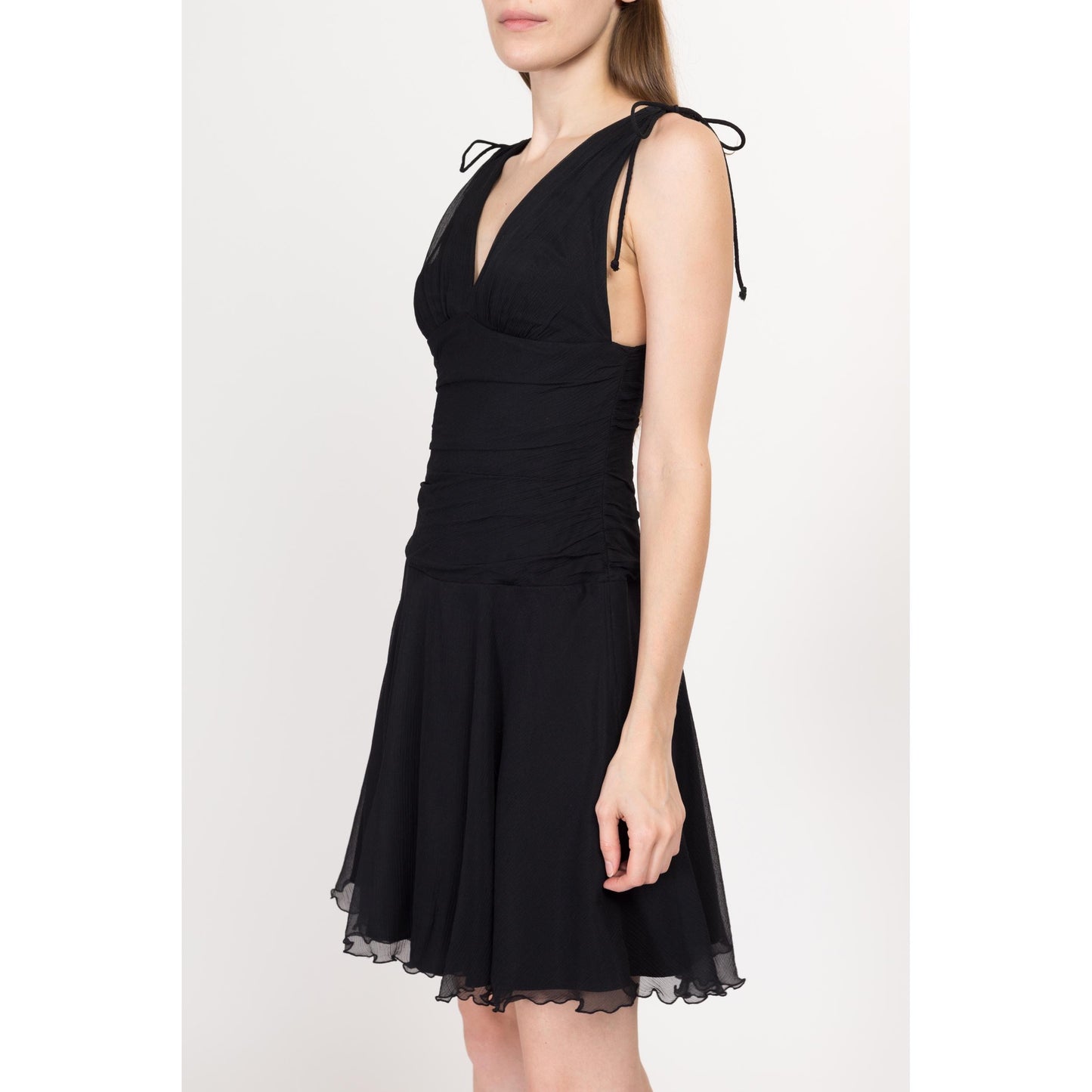 Small Y2K Express Black Silk Mini Party Dress | Vintage Sleeveless A Line V Neck Lettuce Hem Cocktail Dress