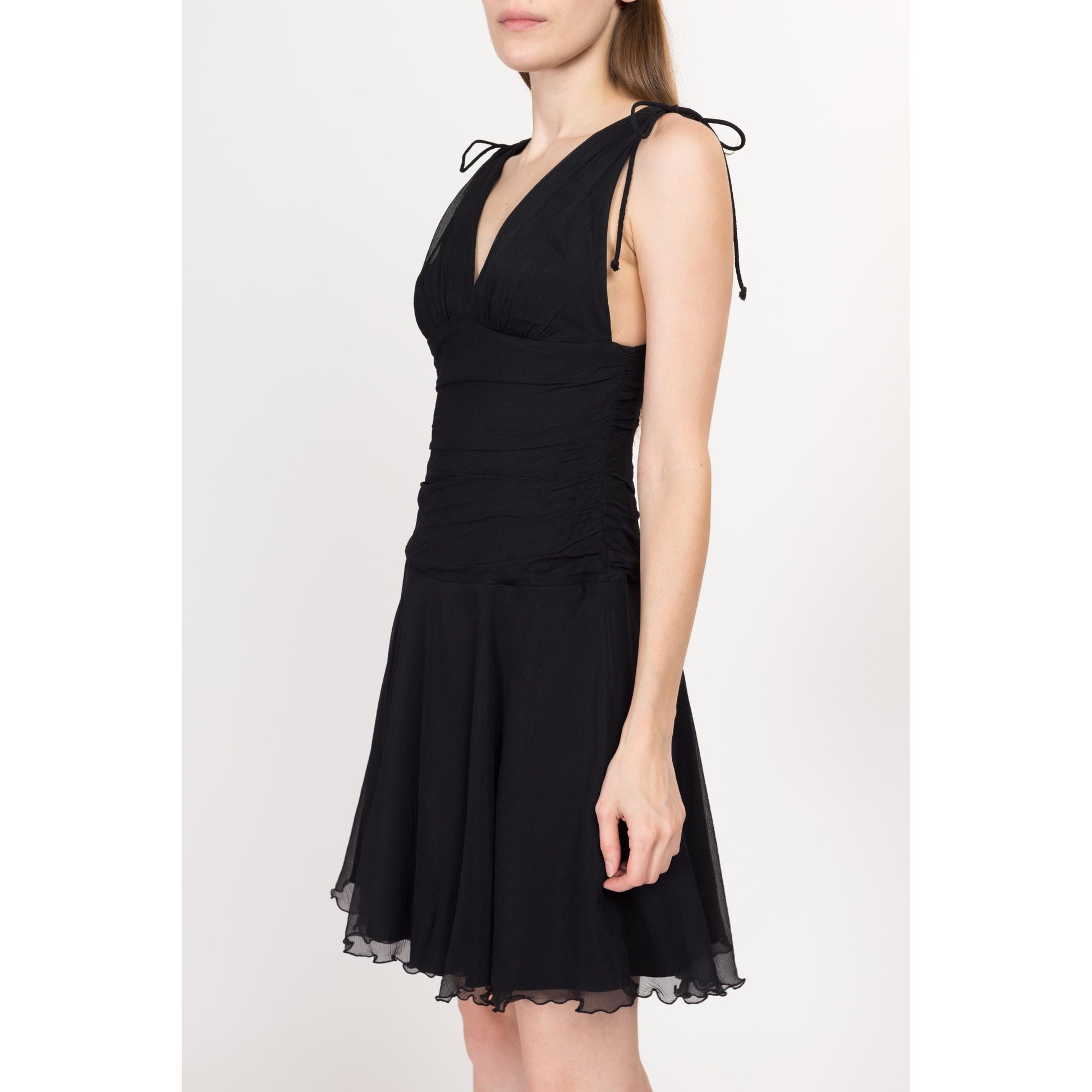Small Y2K Express Black Silk Mini Party Dress | Vintage Sleeveless A Line V Neck Lettuce Hem Cocktail Dress
