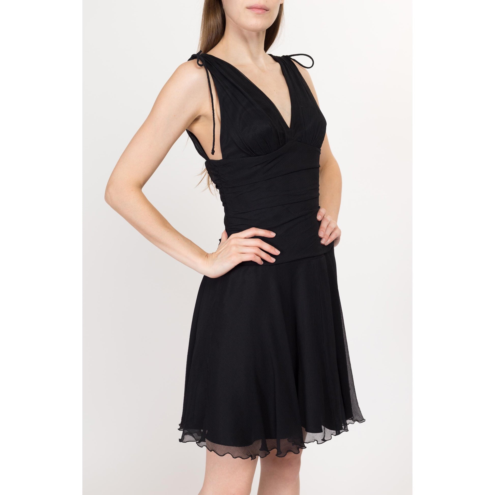 Small Y2K Express Black Silk Mini Party Dress | Vintage Sleeveless A Line V Neck Lettuce Hem Cocktail Dress