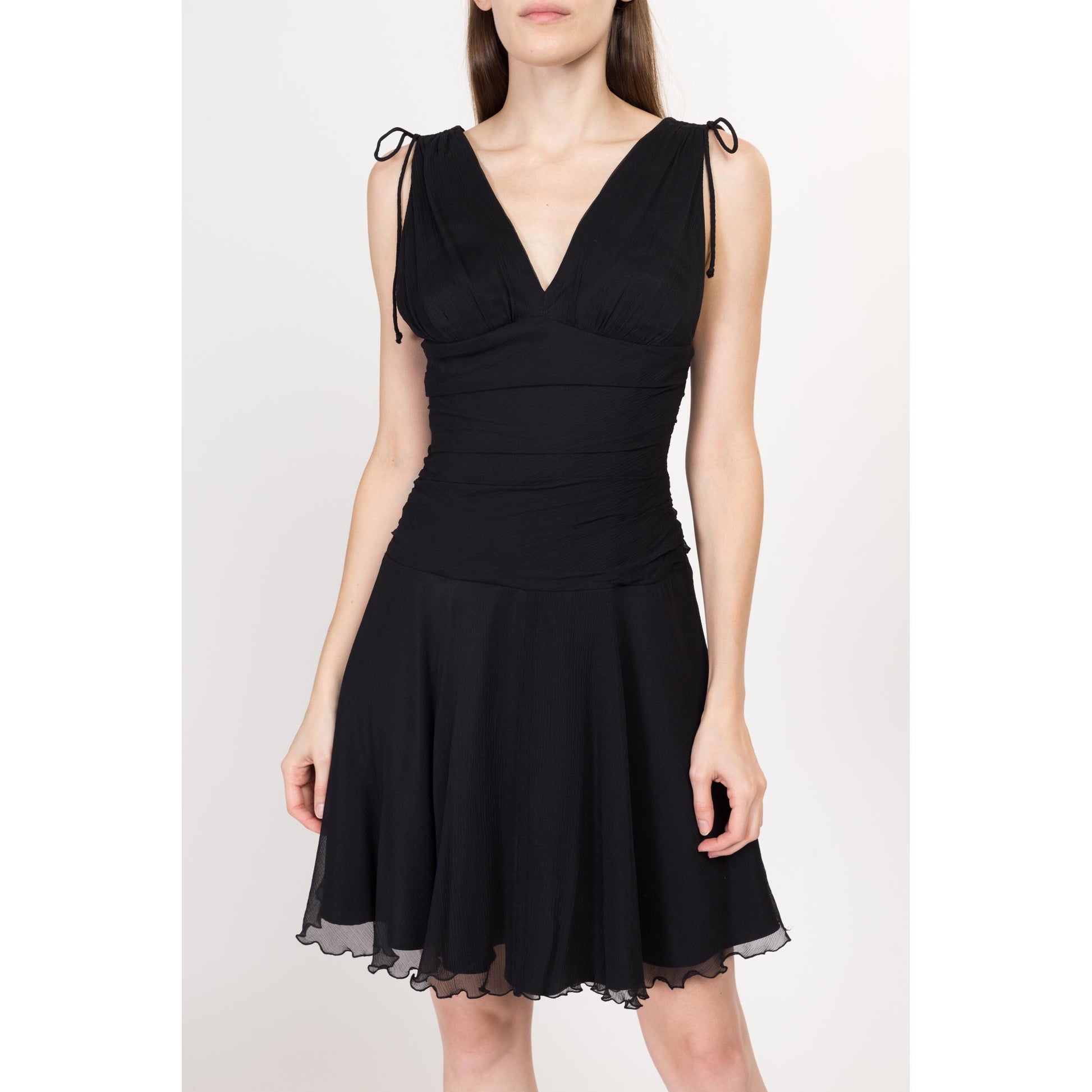 Small Y2K Express Black Silk Mini Party Dress | Vintage Sleeveless A Line V Neck Lettuce Hem Cocktail Dress