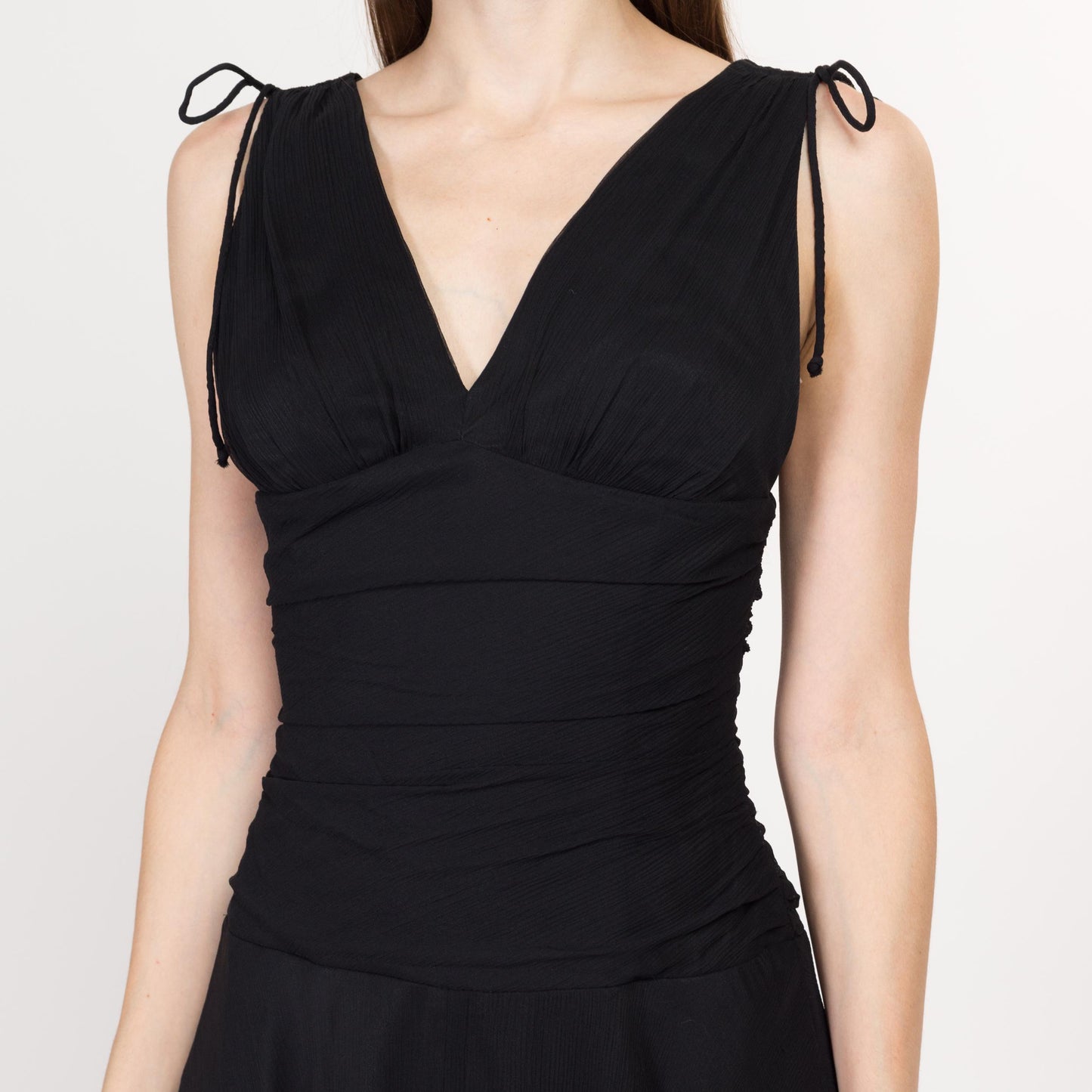 Small Y2K Express Black Silk Mini Party Dress | Vintage Sleeveless A Line V Neck Lettuce Hem Cocktail Dress