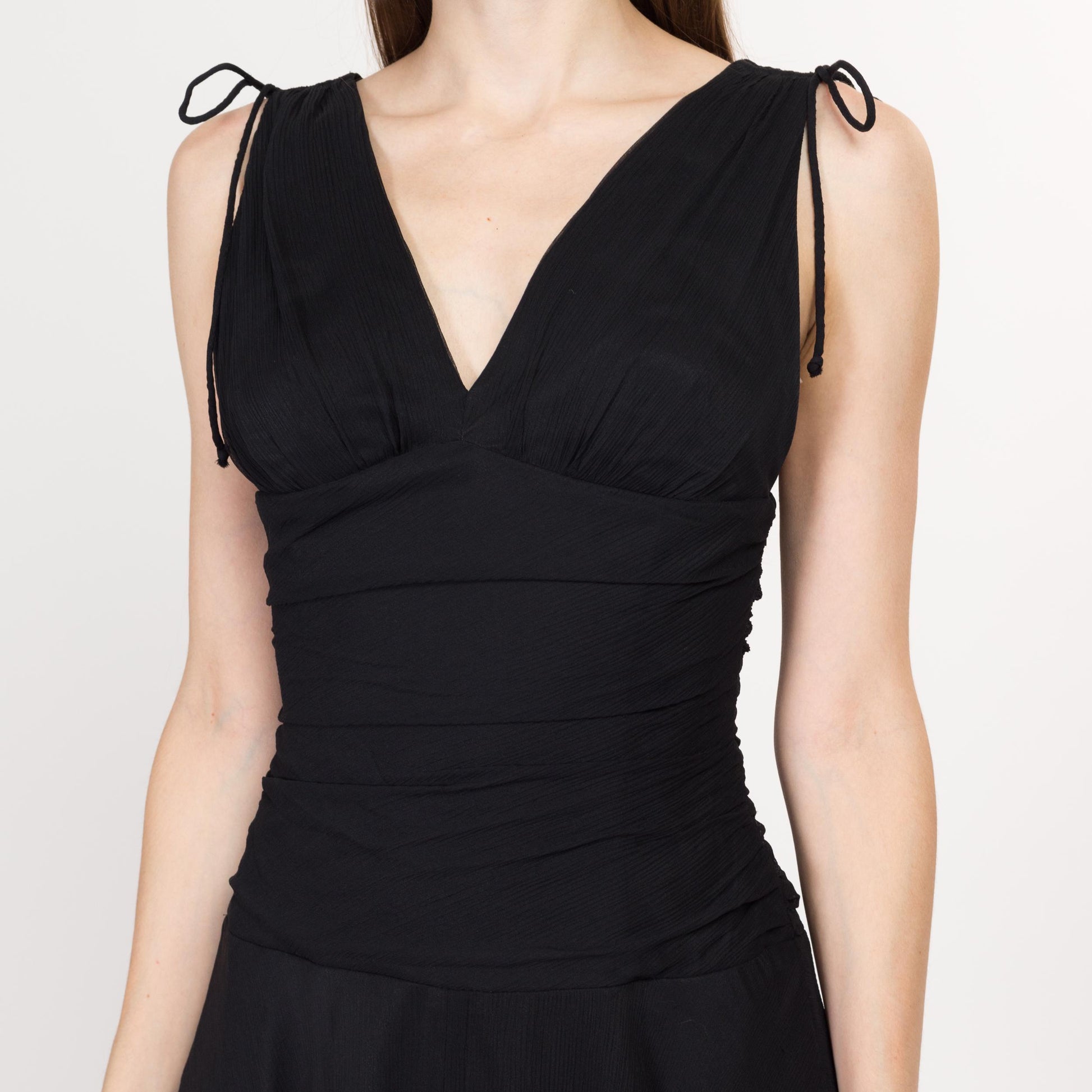 Small Y2K Express Black Silk Mini Party Dress | Vintage Sleeveless A Line V Neck Lettuce Hem Cocktail Dress