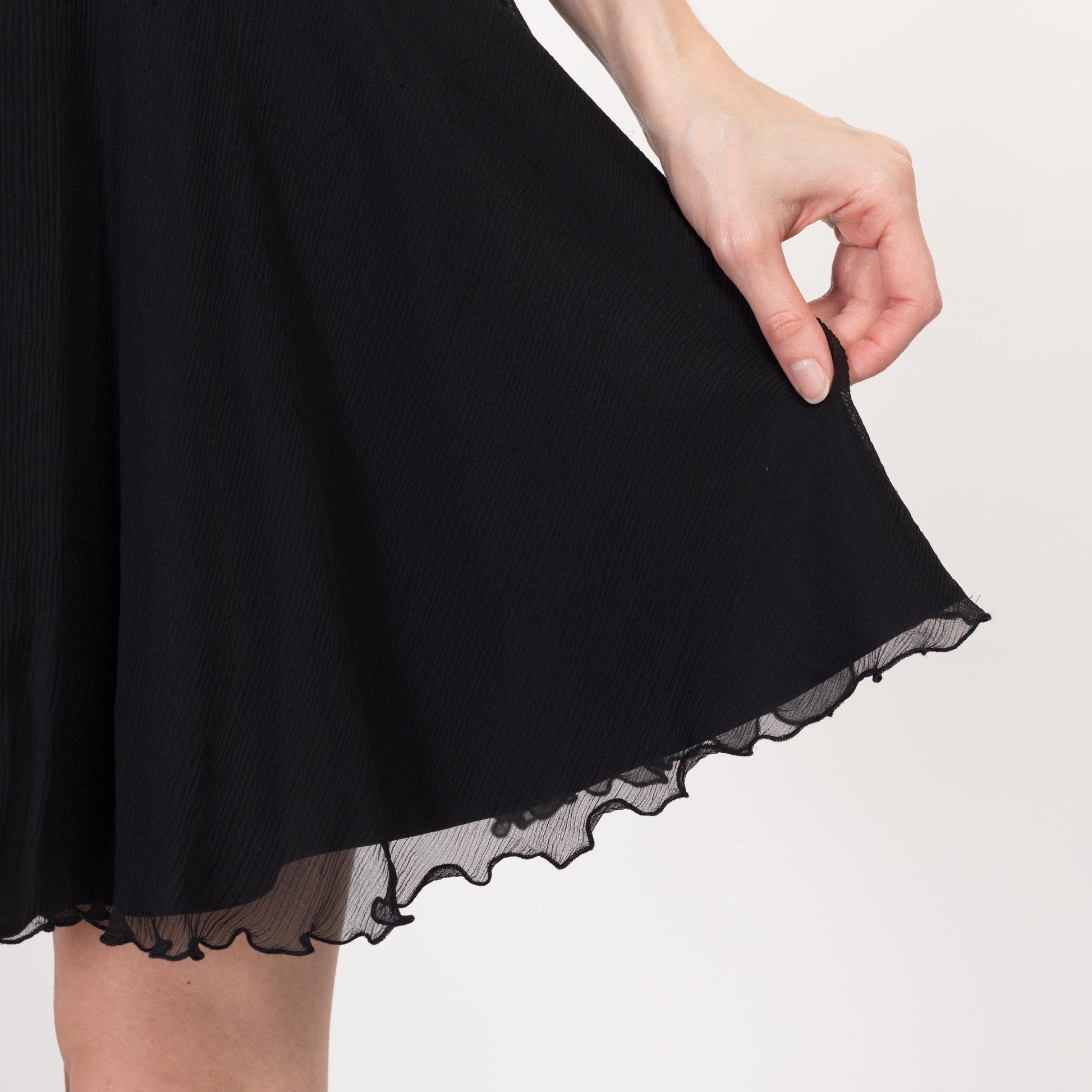 Small Y2K Express Black Silk Mini Party Dress | Vintage Sleeveless A Line V Neck Lettuce Hem Cocktail Dress