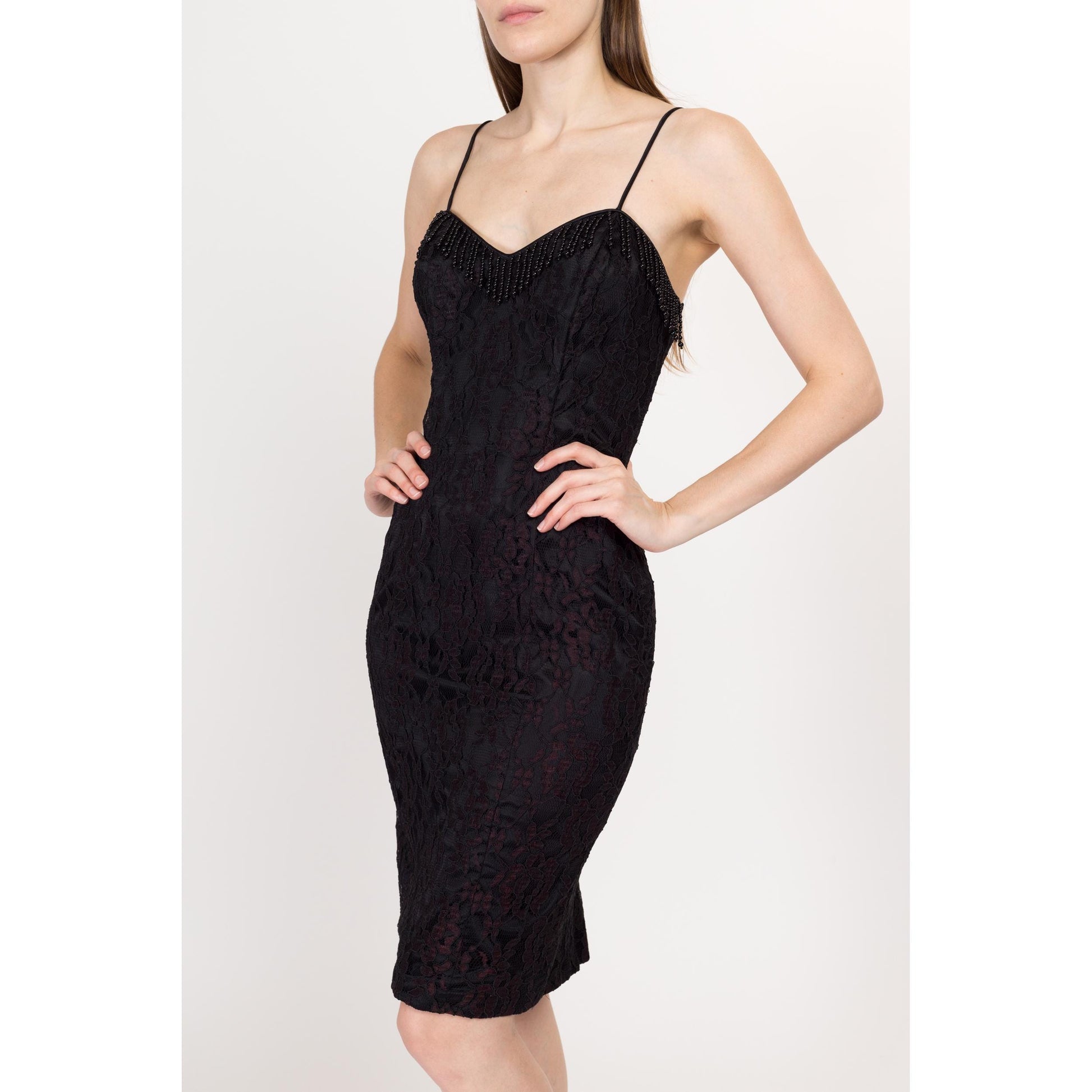 Small 90s Black & Plum Lace Corset Back Cocktail Dress | Vintage Beaded Fringe Fitted Knee Length Mini Party Dress