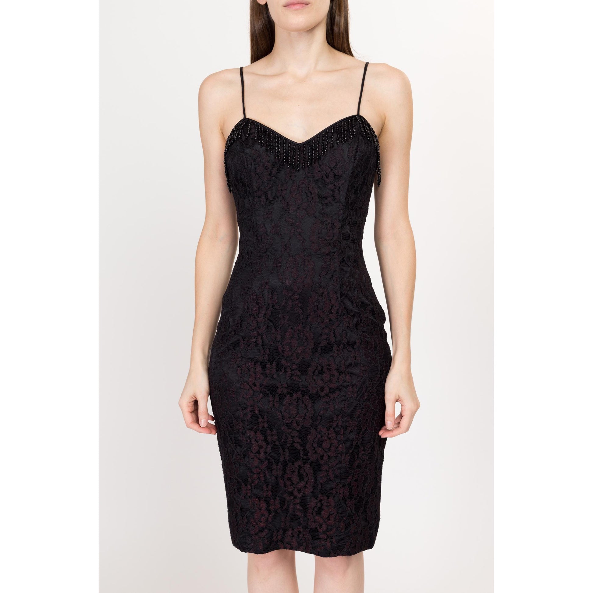 Small 90s Black & Plum Lace Corset Back Cocktail Dress | Vintage Beaded Fringe Fitted Knee Length Mini Party Dress
