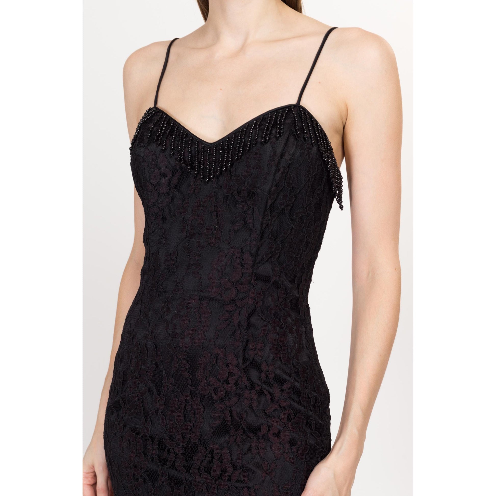Small 90s Black & Plum Lace Corset Back Cocktail Dress | Vintage Beaded Fringe Fitted Knee Length Mini Party Dress