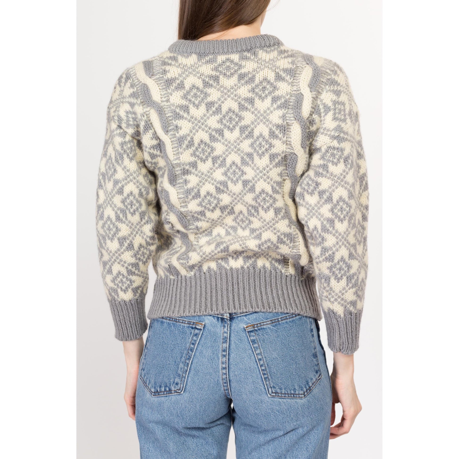 XS 80s Grey & Cream Fair Isle Wool Cable Knit Sweater | Vintage Made In England Nordic Pullover Jumper