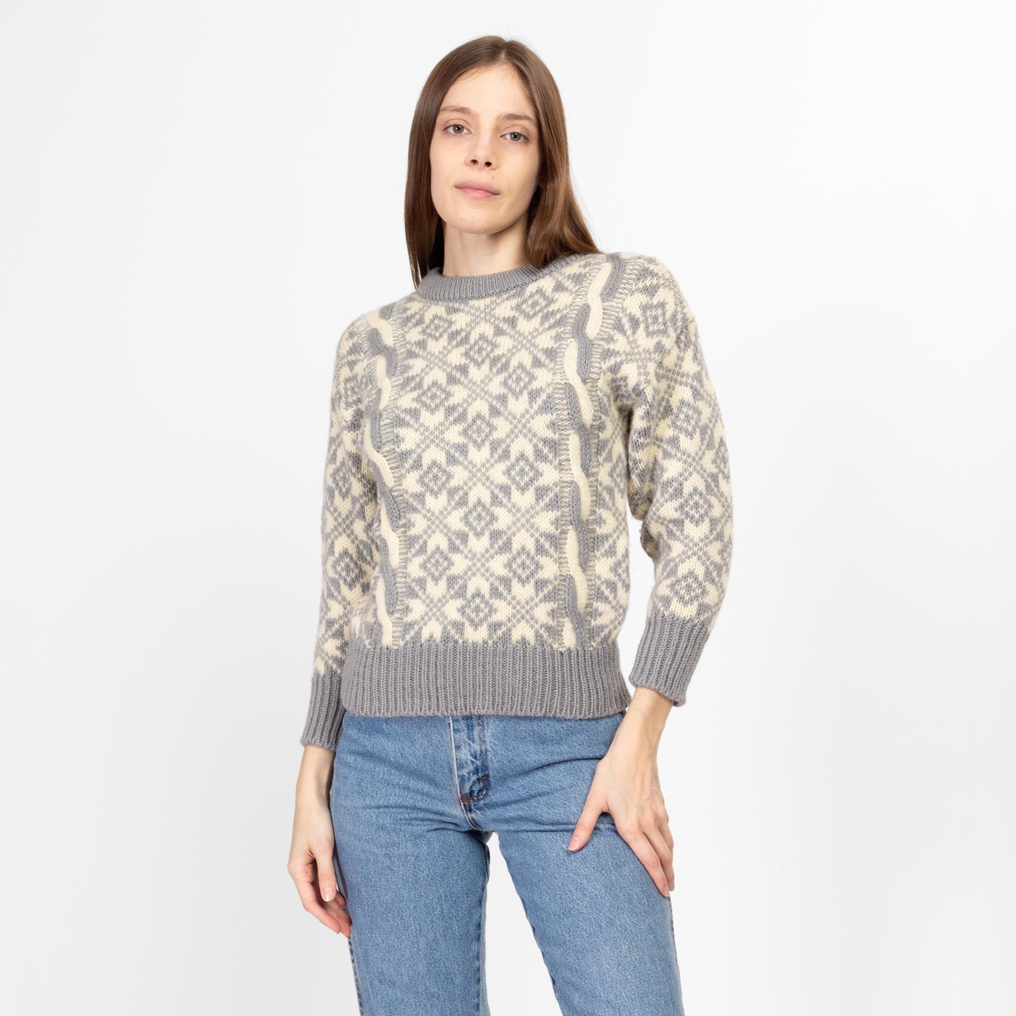 XS 80s Grey & Cream Fair Isle Wool Cable Knit Sweater | Vintage Made In England Nordic Pullover Jumper