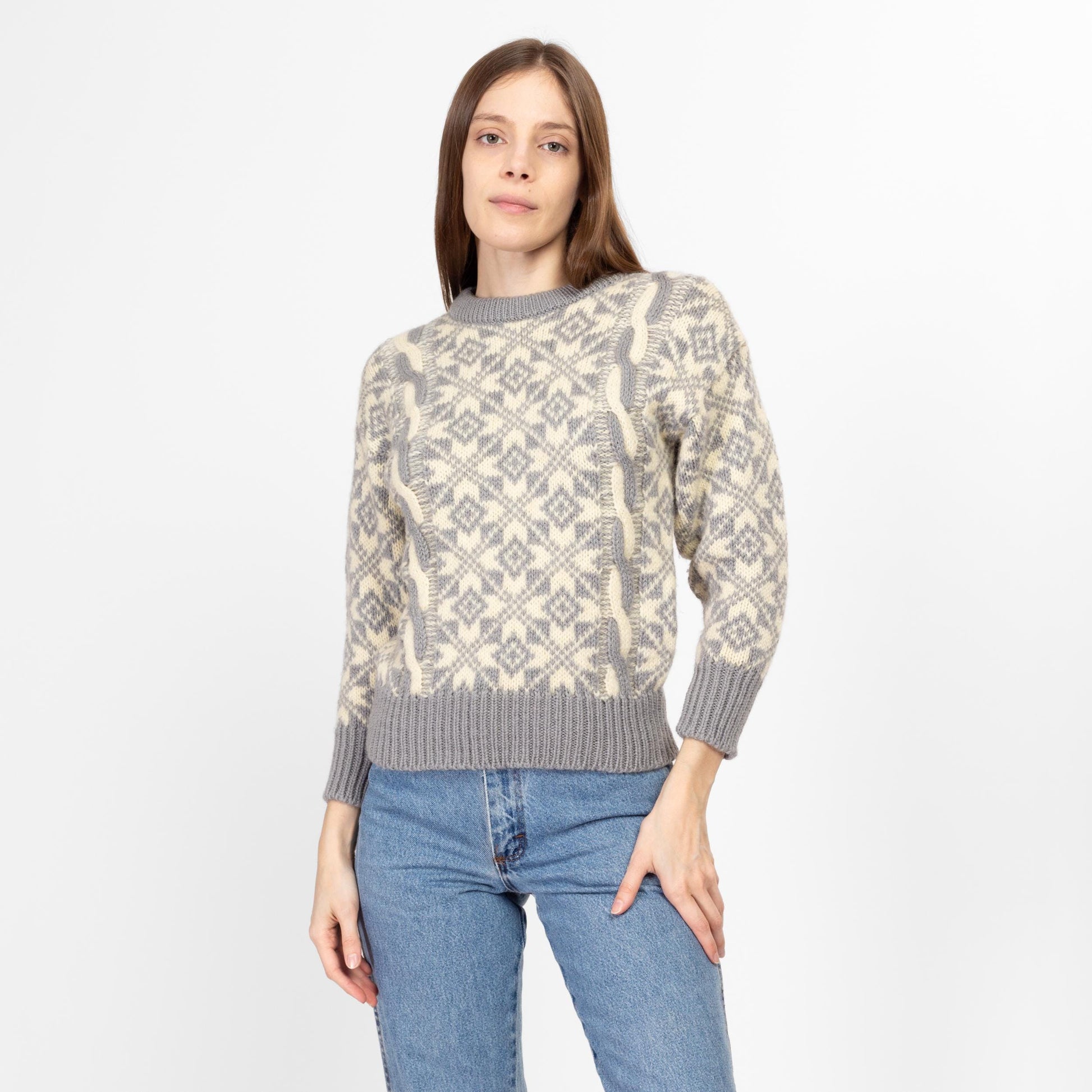 XS 80s Grey & Cream Fair Isle Wool Cable Knit Sweater | Vintage Made In England Nordic Pullover Jumper