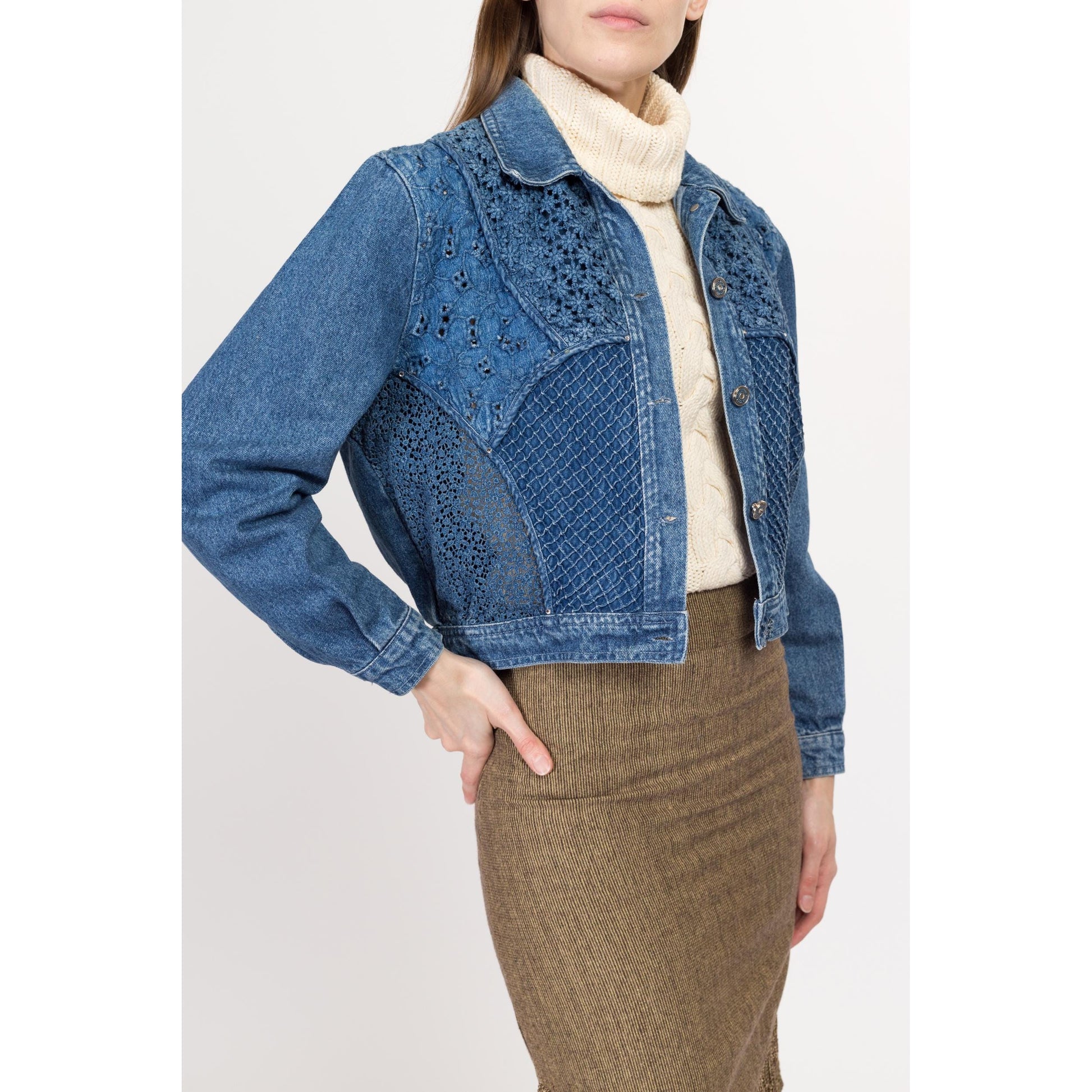 Small 80s Crochet Floral Cropped Jean Jacket | Vintage Bianca Maria Caselli Denim Jacket