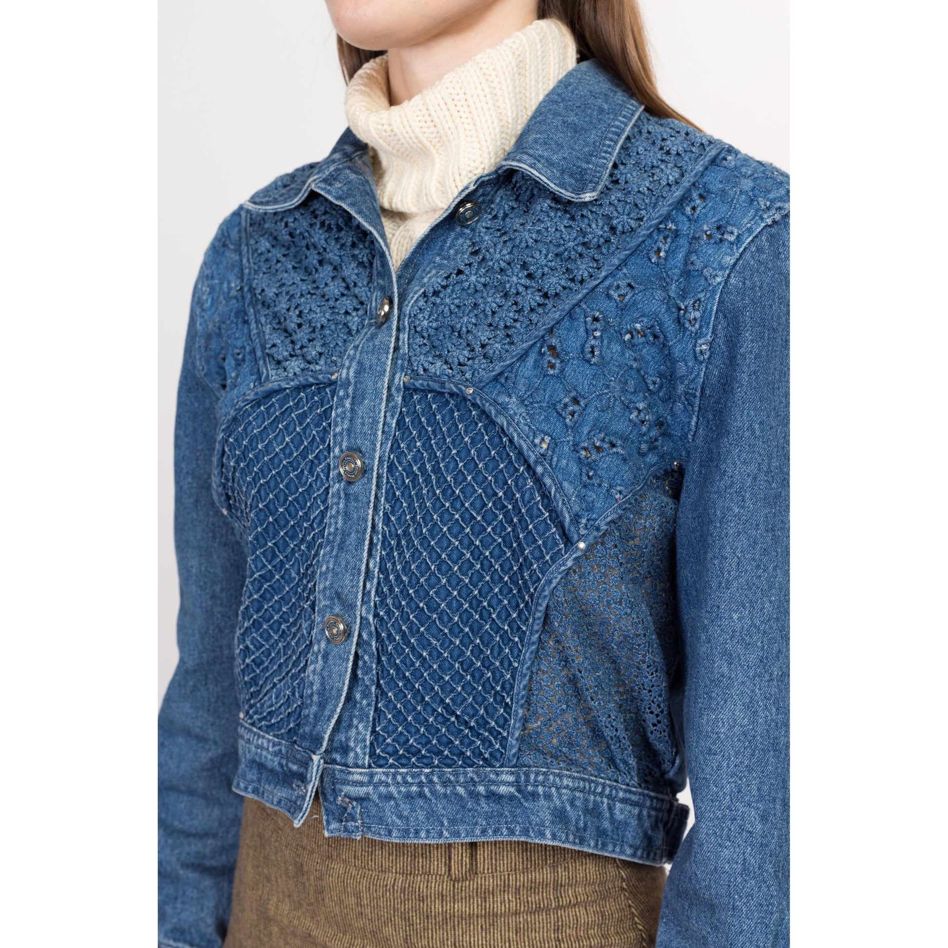 Small 80s Crochet Floral Cropped Jean Jacket | Vintage Bianca Maria Caselli Denim Jacket