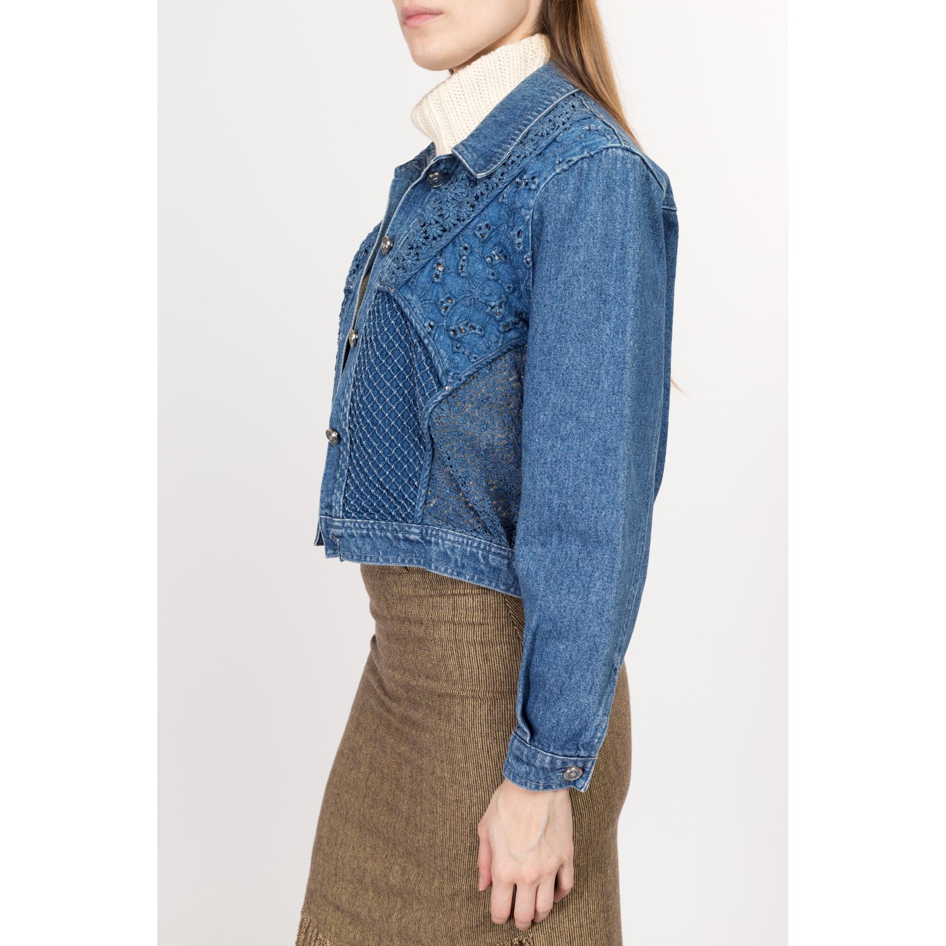 Small 80s Crochet Floral Cropped Jean Jacket | Vintage Bianca Maria Caselli Denim Jacket