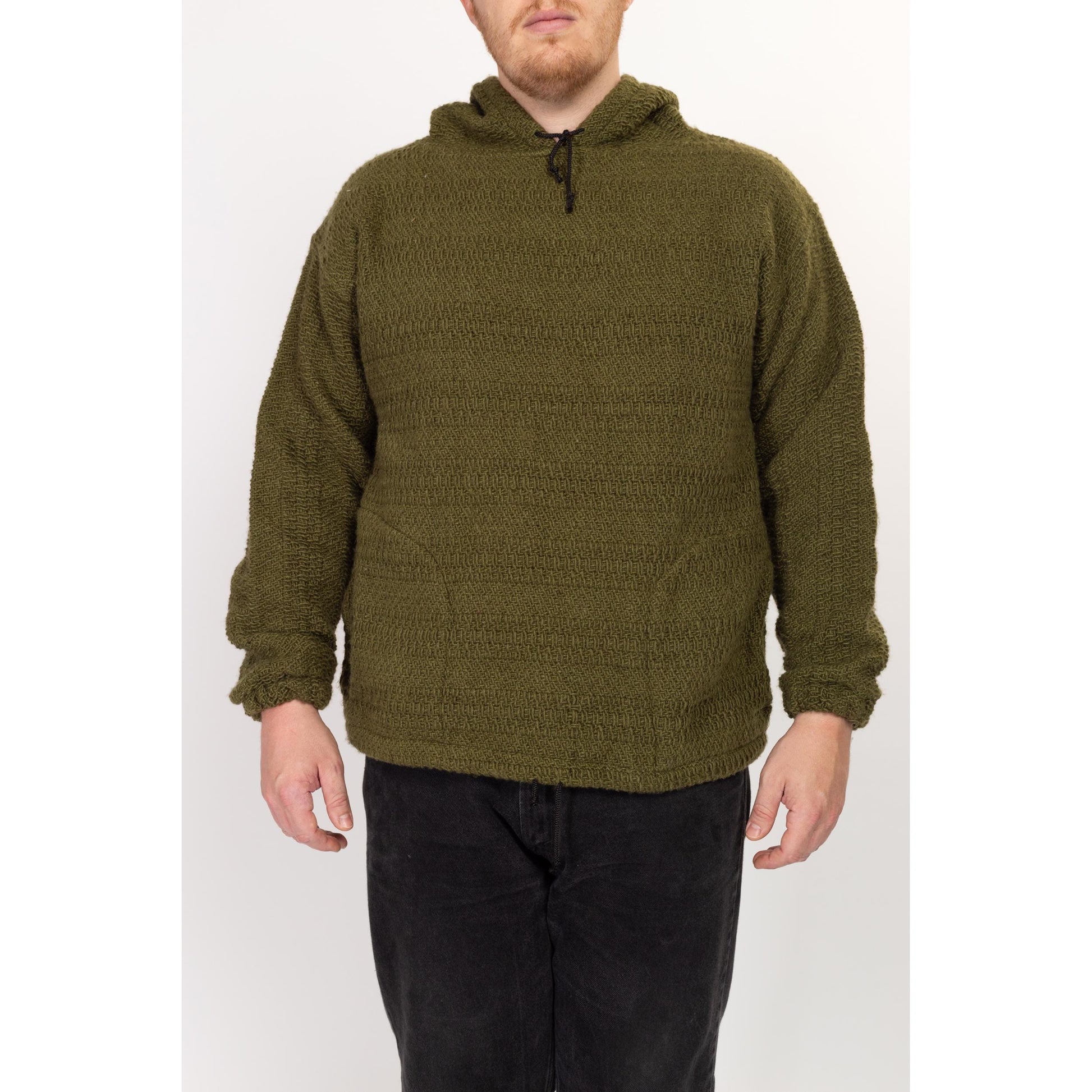 XL 90s Earth Ragz Olive Green Knit Baja Hoodie | Vintage Hooded Drug Rug Sweater