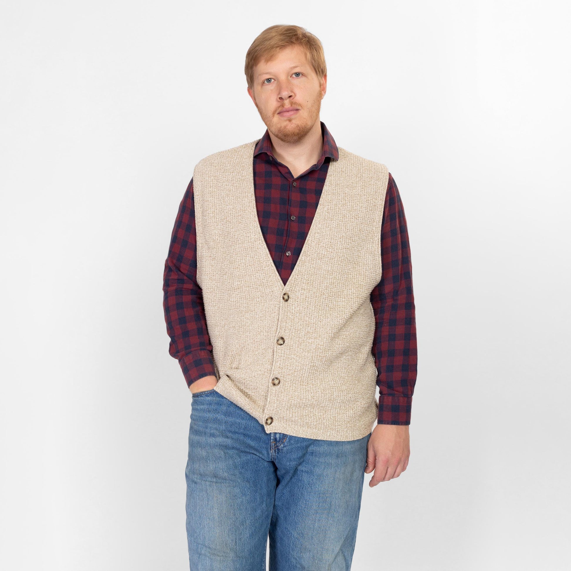 XL 90s Eddie Bauer Oatmeal Cotton Waffle Knit Sweater Vest | Vintage Sleeveless Button Up V Neck Top