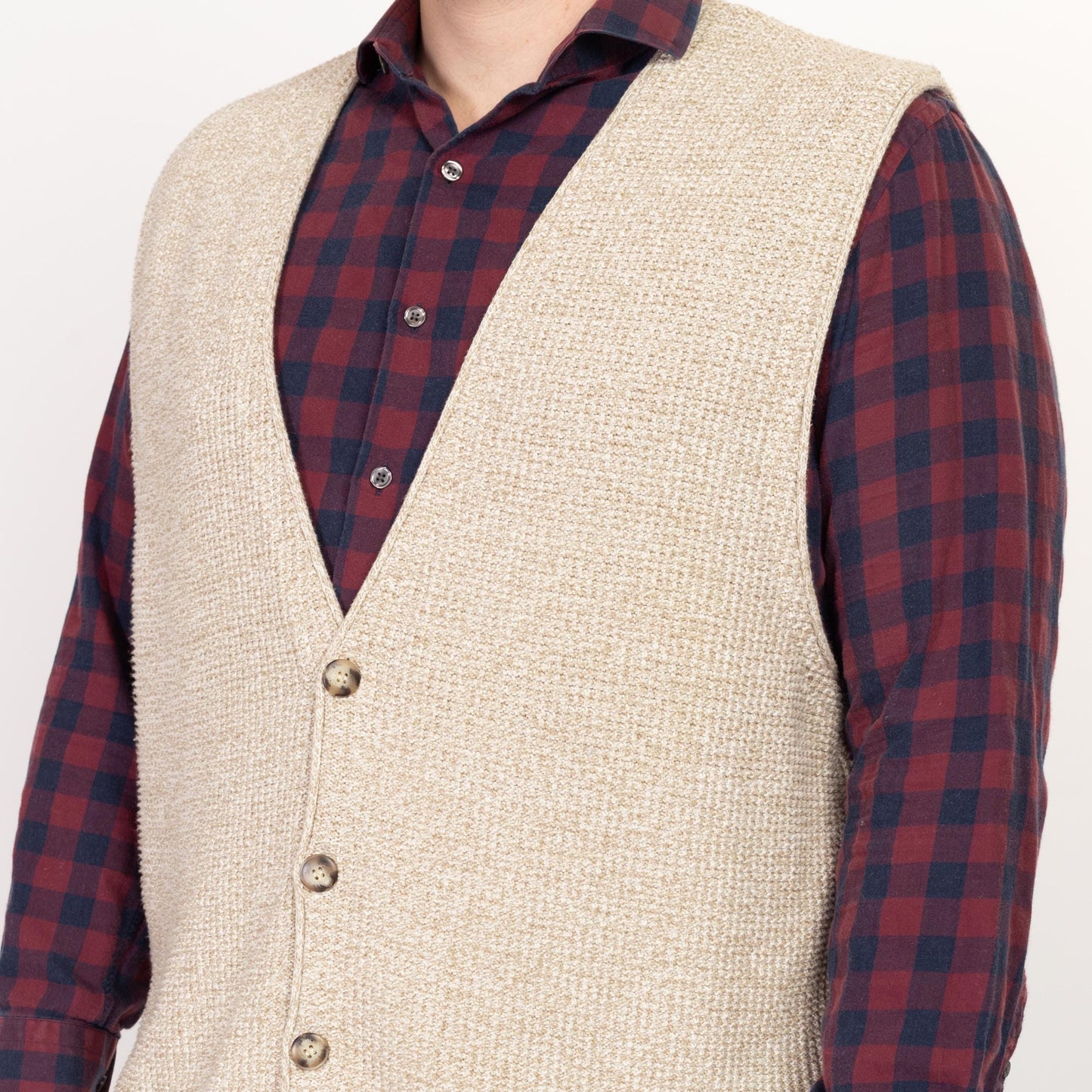 XL 90s Eddie Bauer Oatmeal Cotton Waffle Knit Sweater Vest | Vintage Sleeveless Button Up V Neck Top