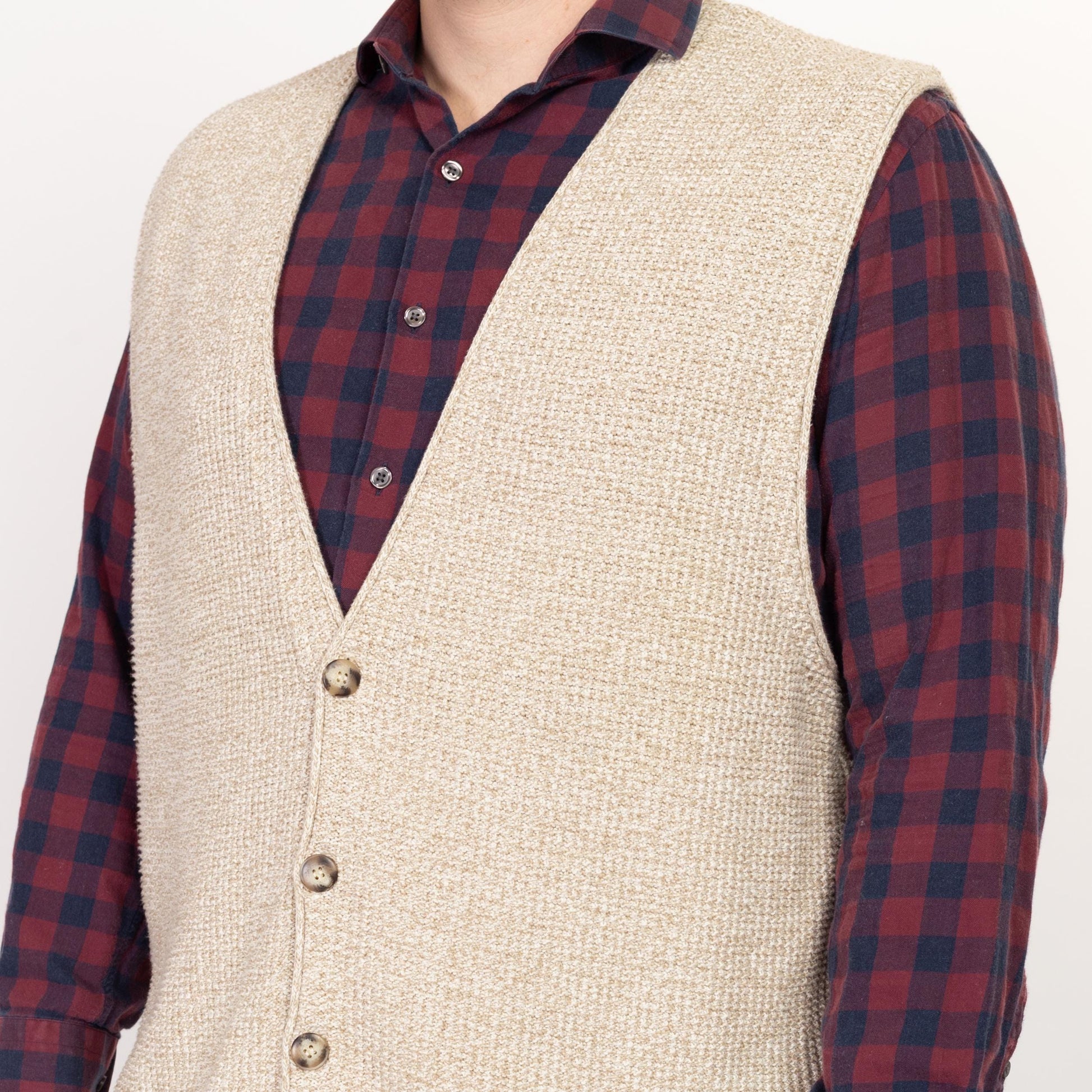 XL 90s Eddie Bauer Oatmeal Cotton Waffle Knit Sweater Vest | Vintage Sleeveless Button Up V Neck Top