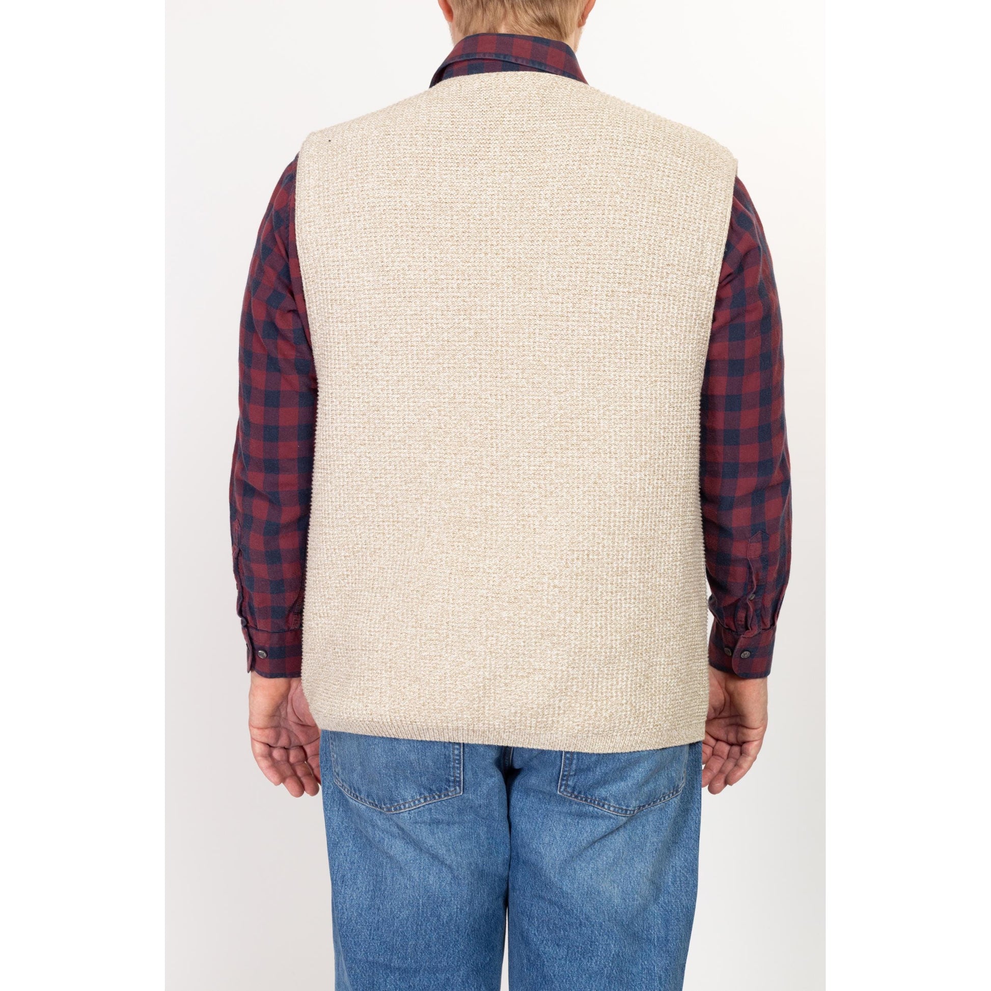 XL 90s Eddie Bauer Oatmeal Cotton Waffle Knit Sweater Vest | Vintage Sleeveless Button Up V Neck Top