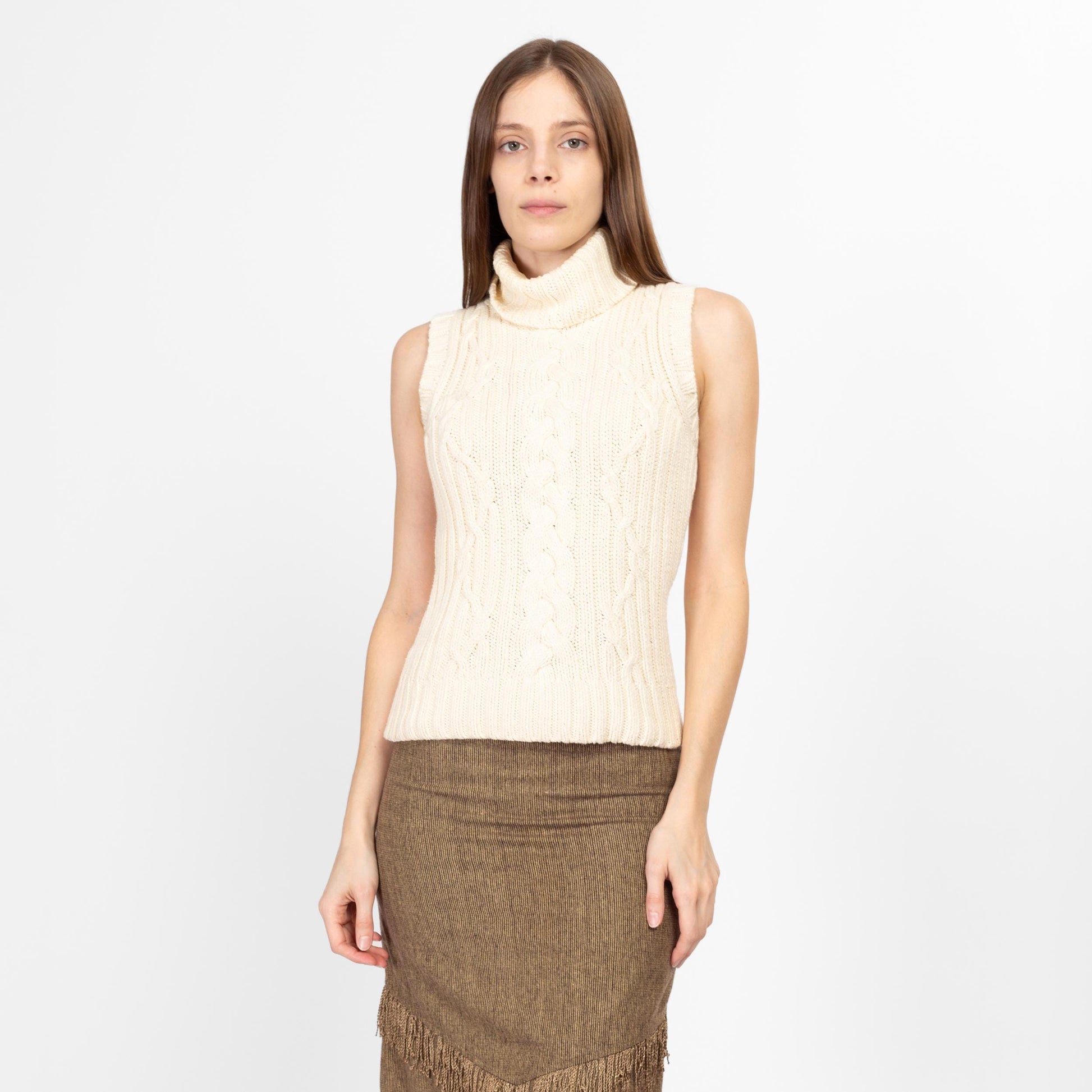 XS Y2K Gap Cream Cable Knit Sleeveless Turtleneck | Vintage Soft Cotton Sweater Tank Top