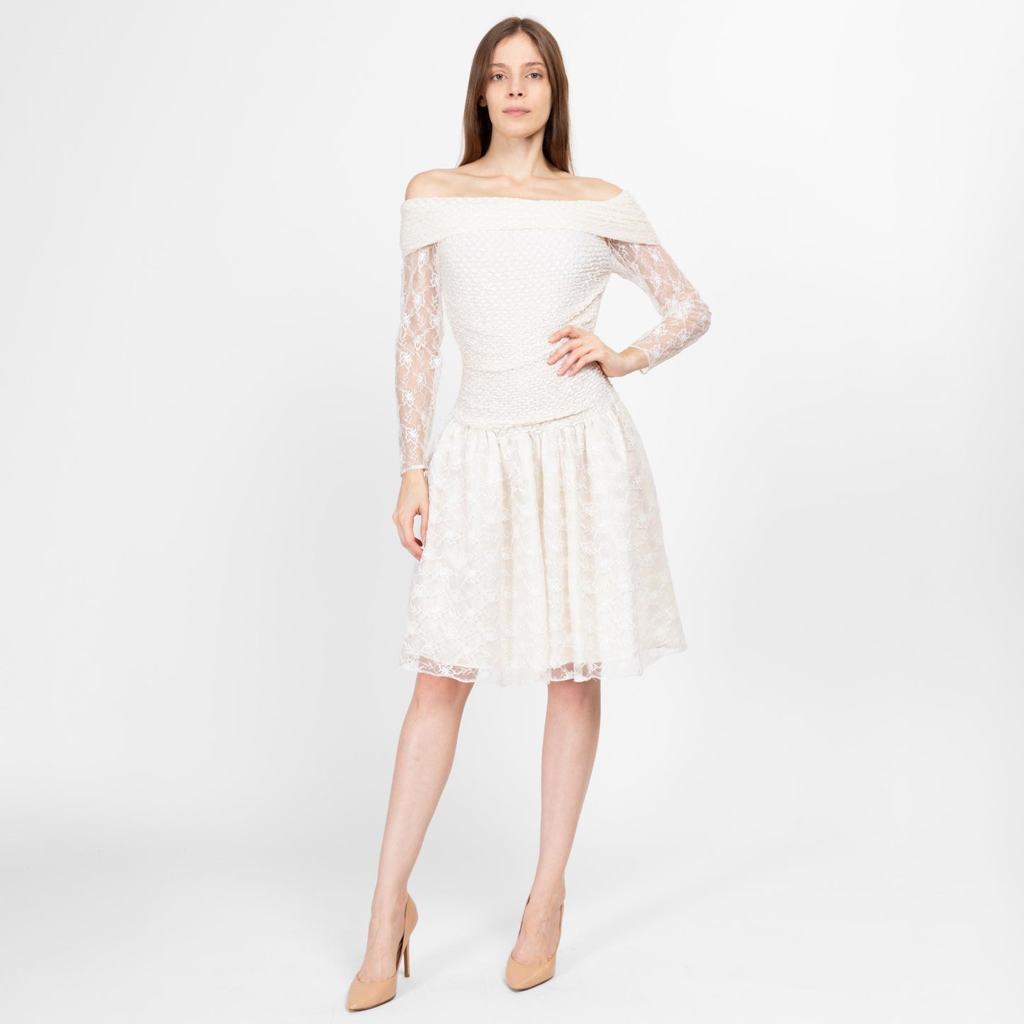 Sm-Med 80s White Off Shoulder Fit & Flare Party Dress | Vintage Lace Long Sleeve Drop Waist Mini Prom Dress