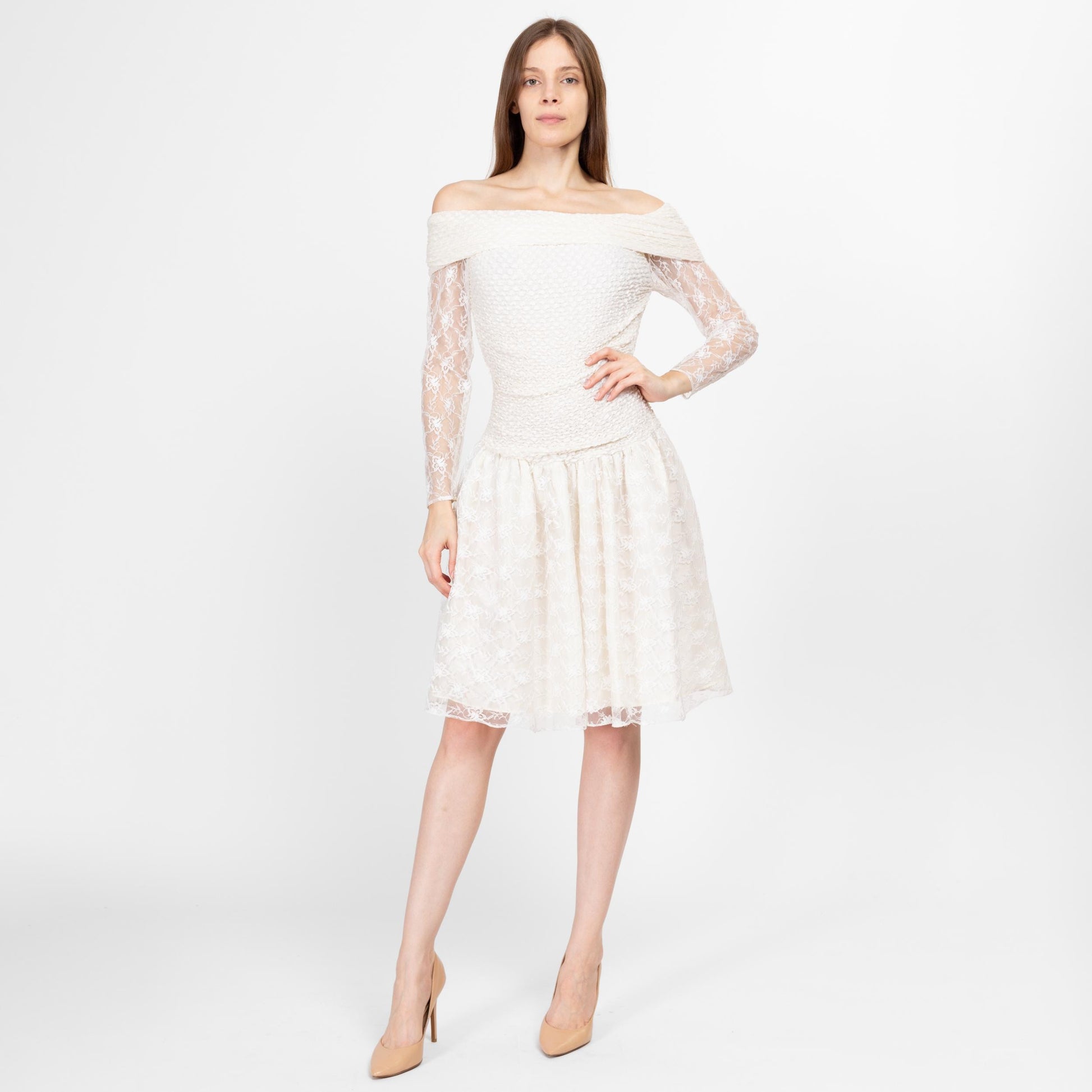 Sm-Med 80s White Off Shoulder Fit & Flare Party Dress | Vintage Lace Long Sleeve Drop Waist Mini Prom Dress
