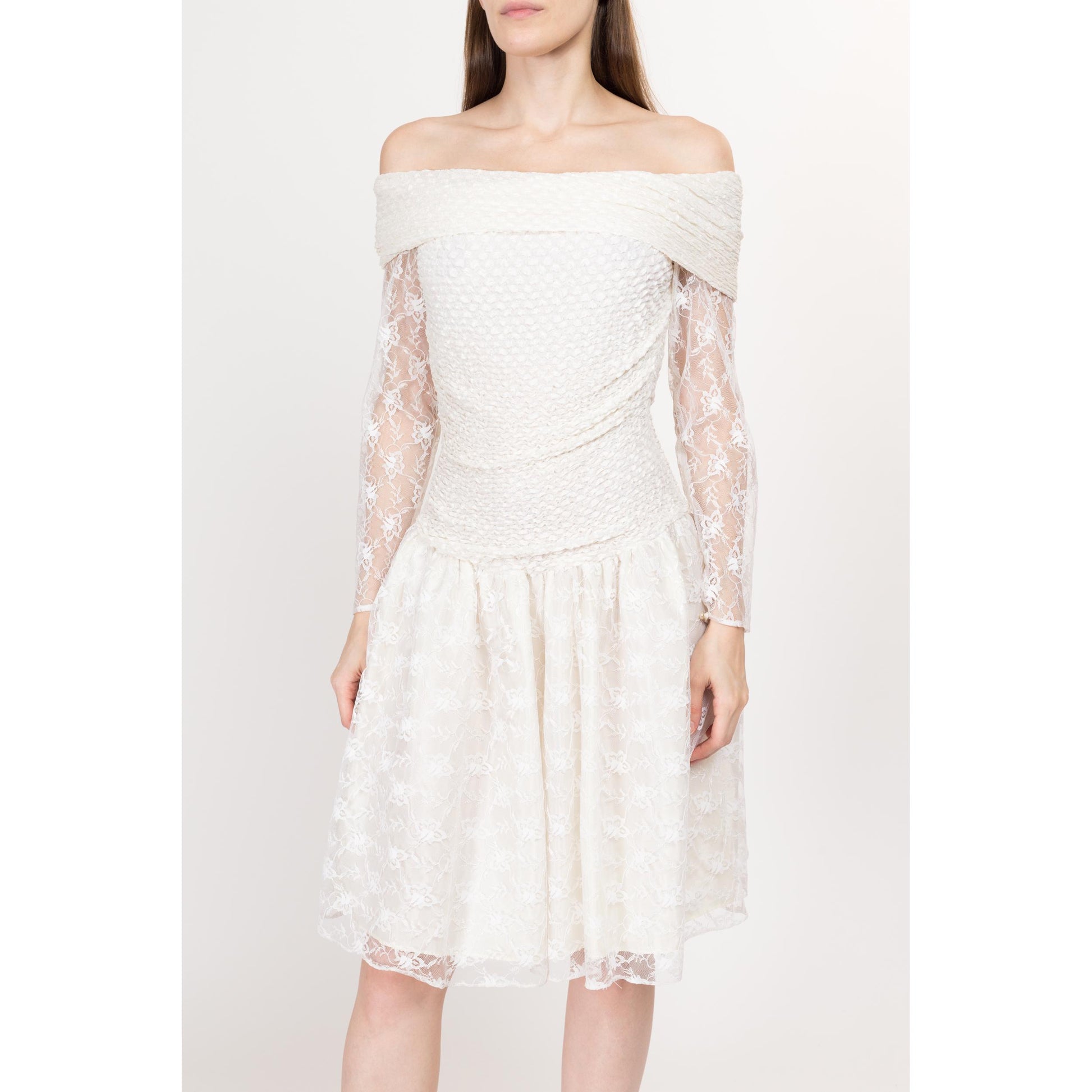 Sm-Med 80s White Off Shoulder Fit & Flare Party Dress | Vintage Lace Long Sleeve Drop Waist Mini Prom Dress