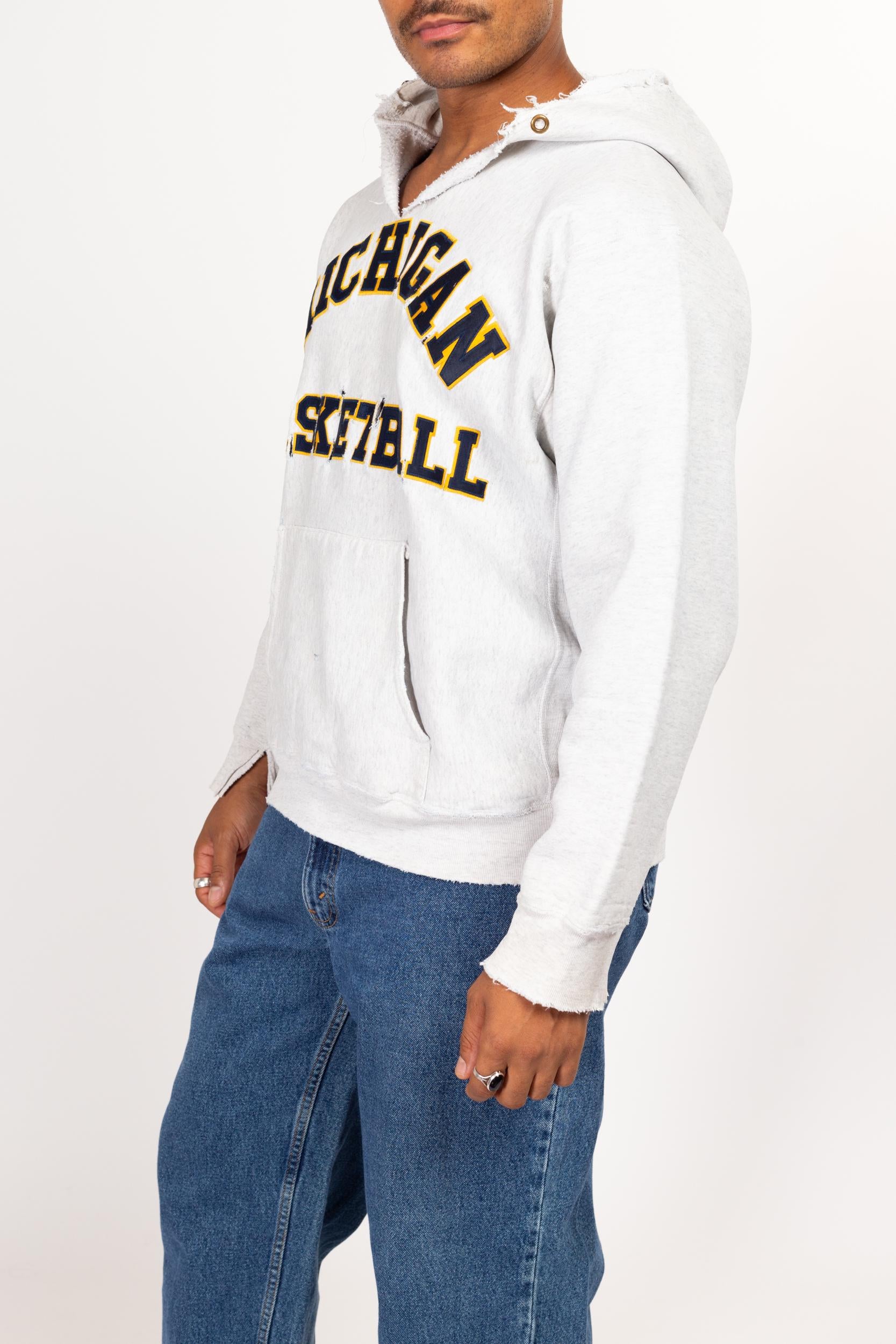 Large 90s University Of Michigan Distressed NCAA Basketball Hoodie | Vintage Heather Grey Collegiate Pullover Hooded Sweatshirt