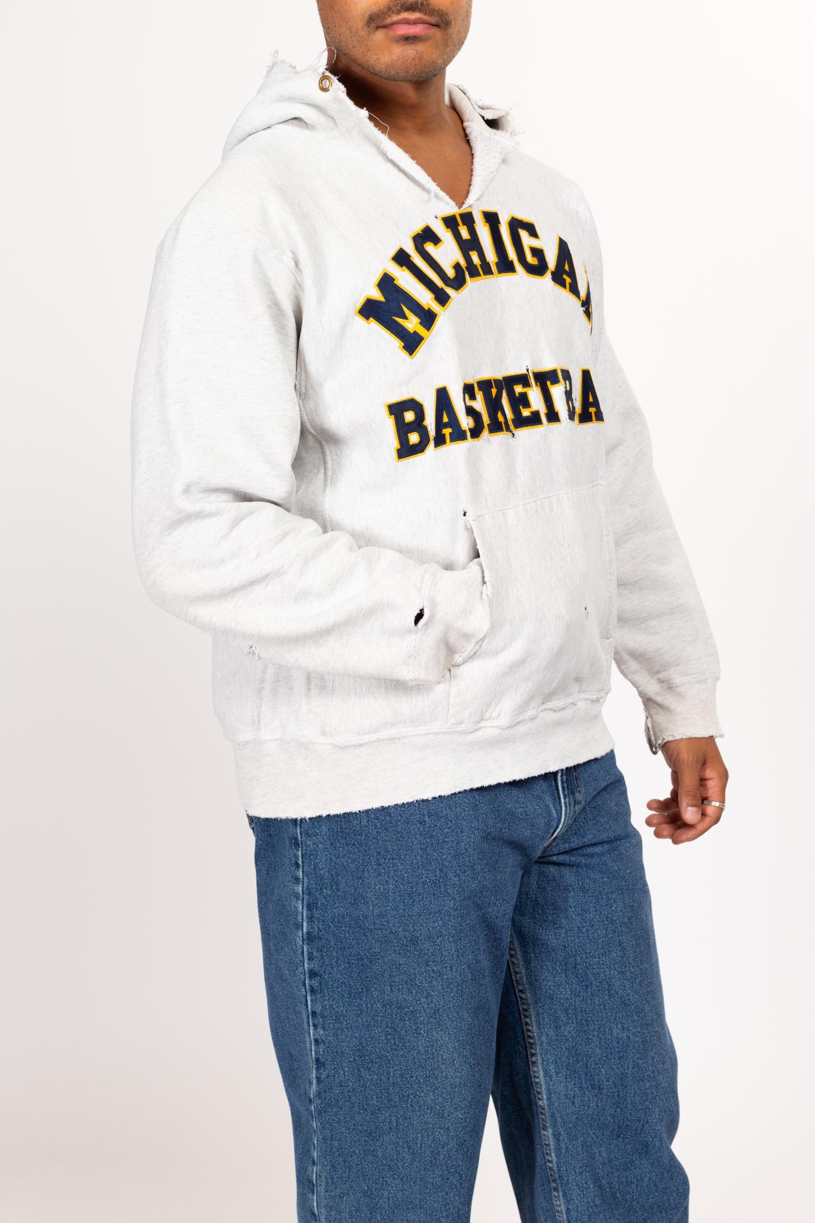 Large 90s University Of Michigan Distressed NCAA Basketball Hoodie | Vintage Heather Grey Collegiate Pullover Hooded Sweatshirt