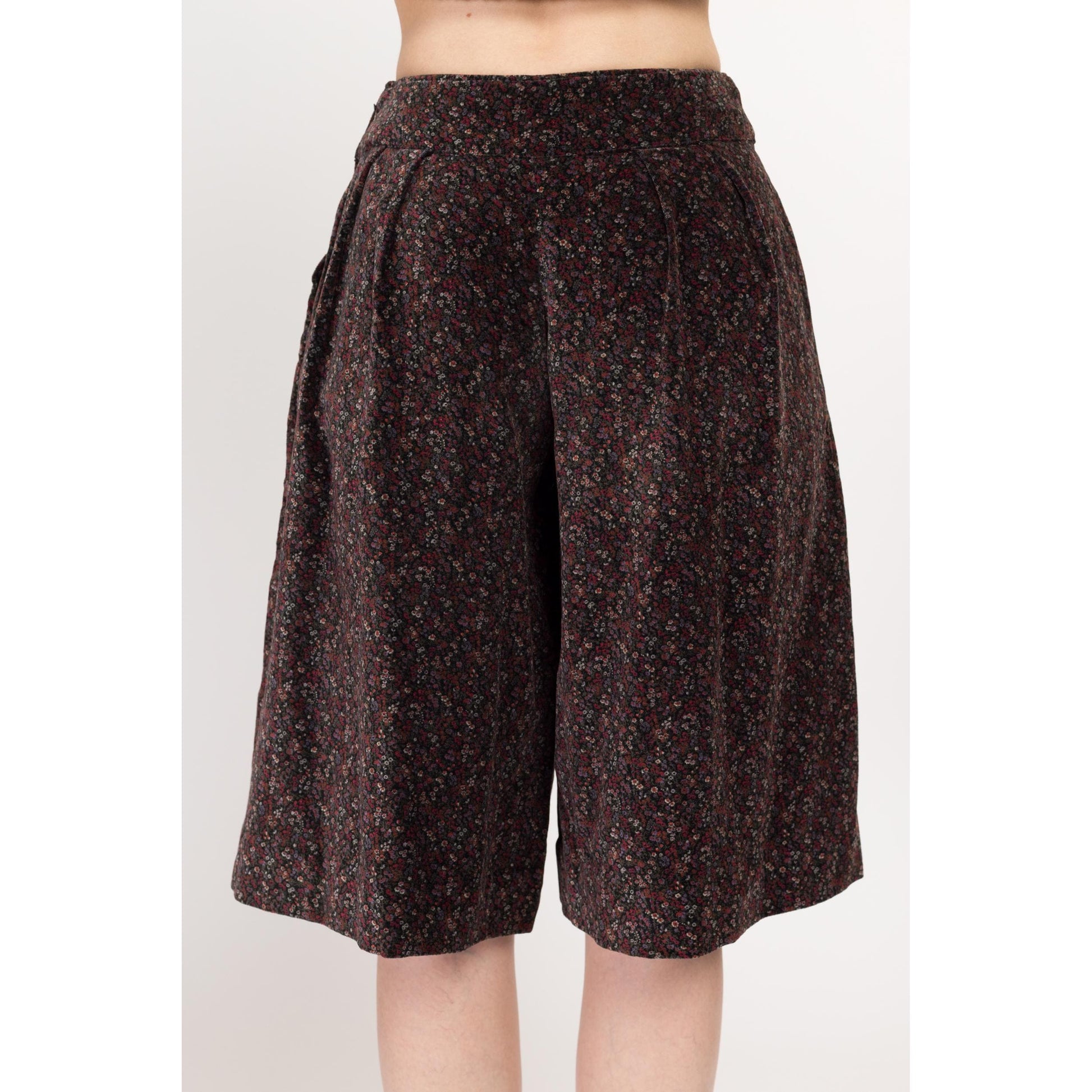 XS 70s Dark Floral Velvet Shorts 25" | Vintage Pleated Wide Leg Culottes
