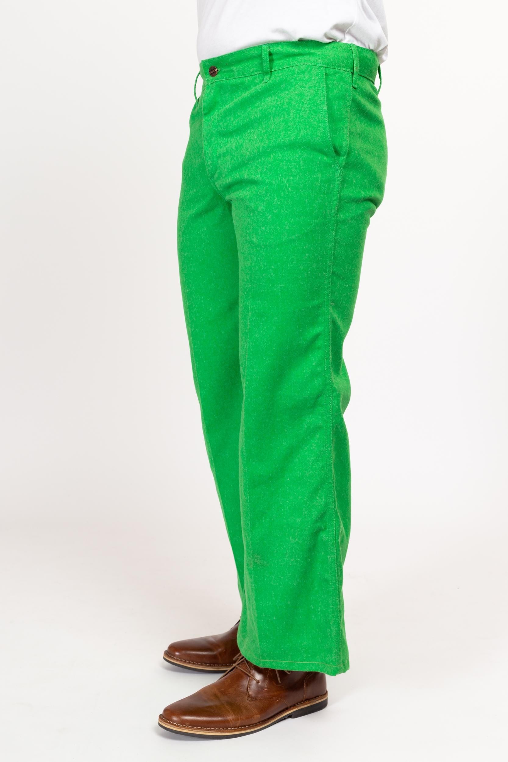 34x30 70s Bright Green Flared Trousers Medium Short | Retro Vintage Bell Bottom Hippie Pants