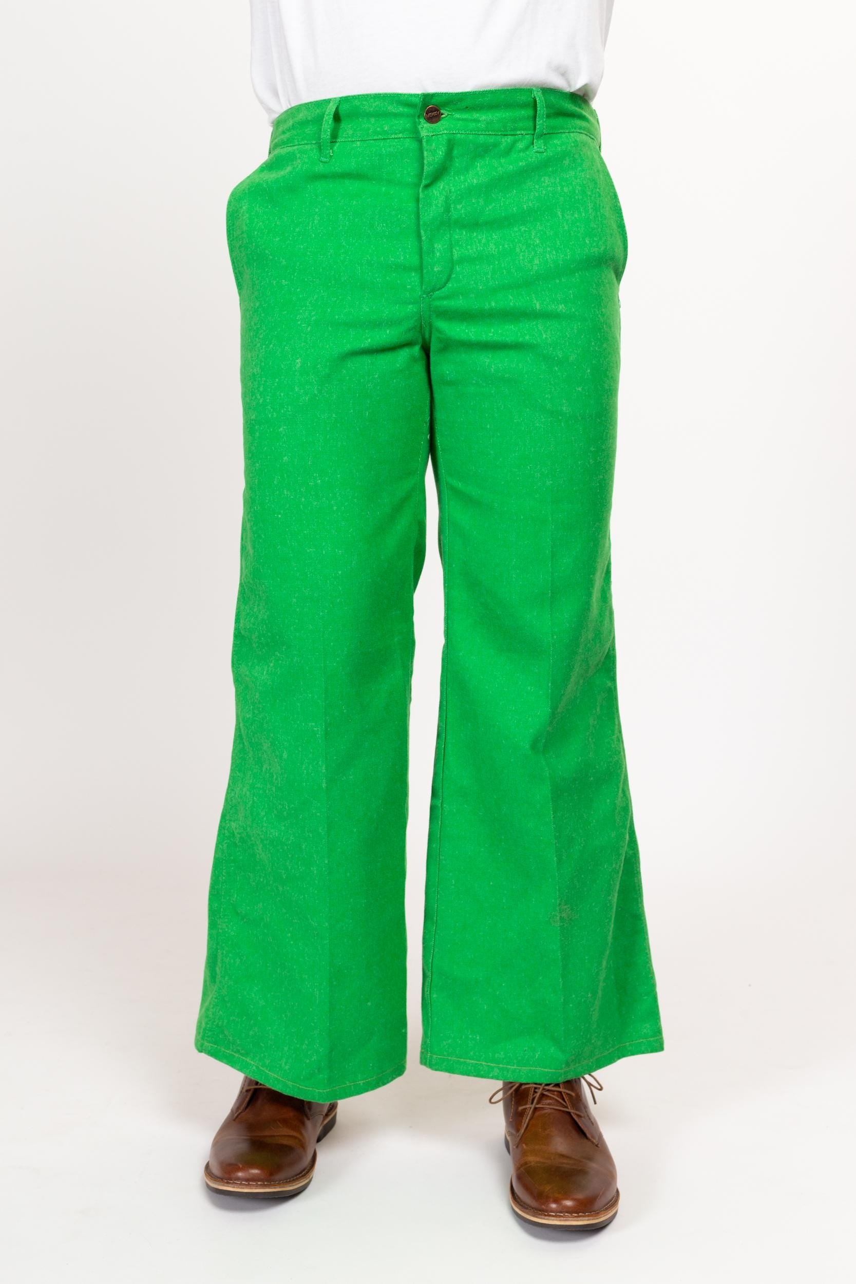 34x30 70s Bright Green Flared Trousers Medium Short | Retro Vintage Bell Bottom Hippie Pants