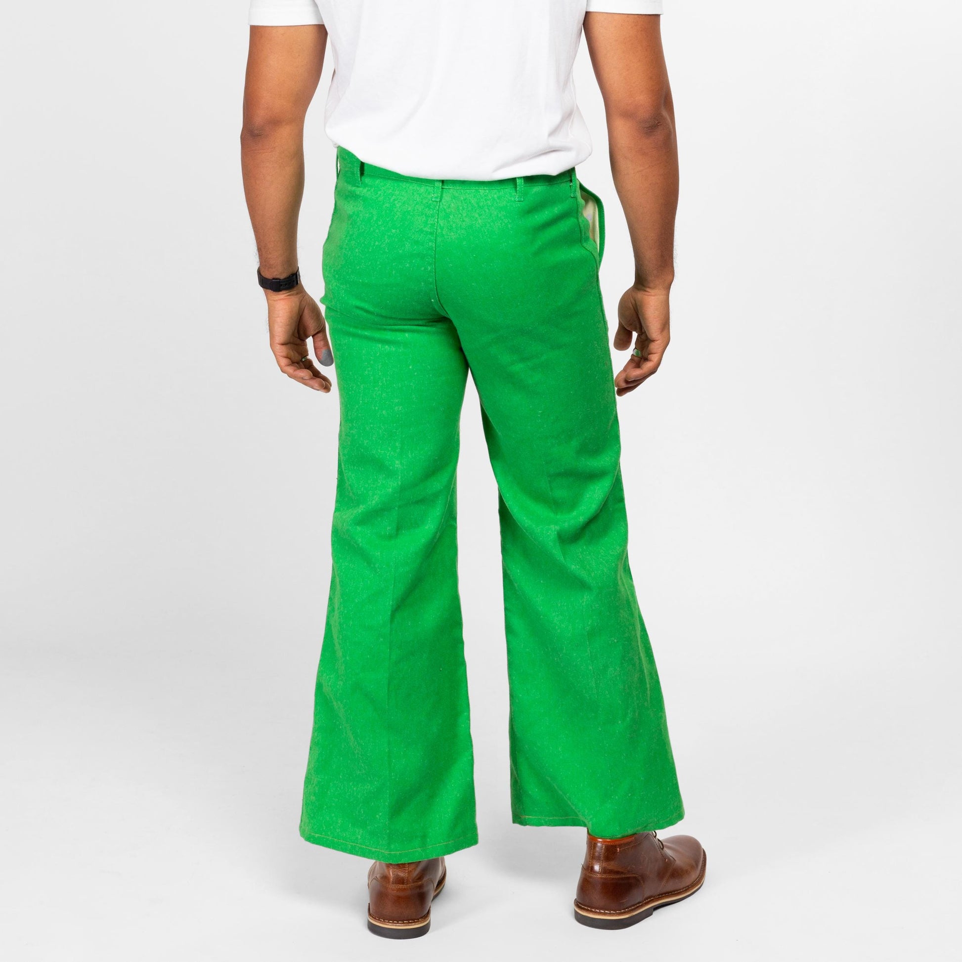 34x30 70s Bright Green Flared Trousers Medium Short | Retro Vintage Bell Bottom Hippie Pants