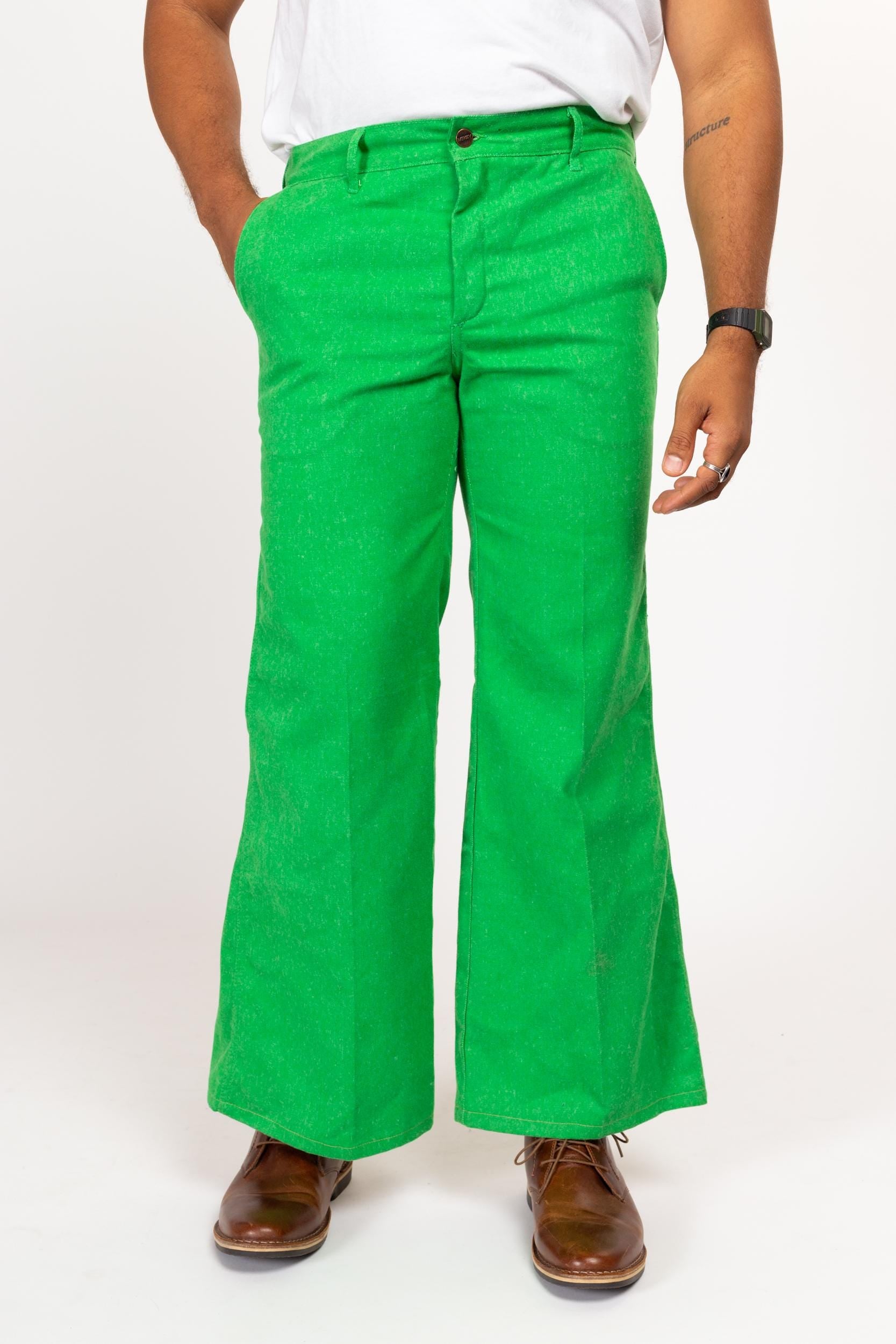 34x30 70s Bright Green Flared Trousers Medium Short | Retro Vintage Bell Bottom Hippie Pants