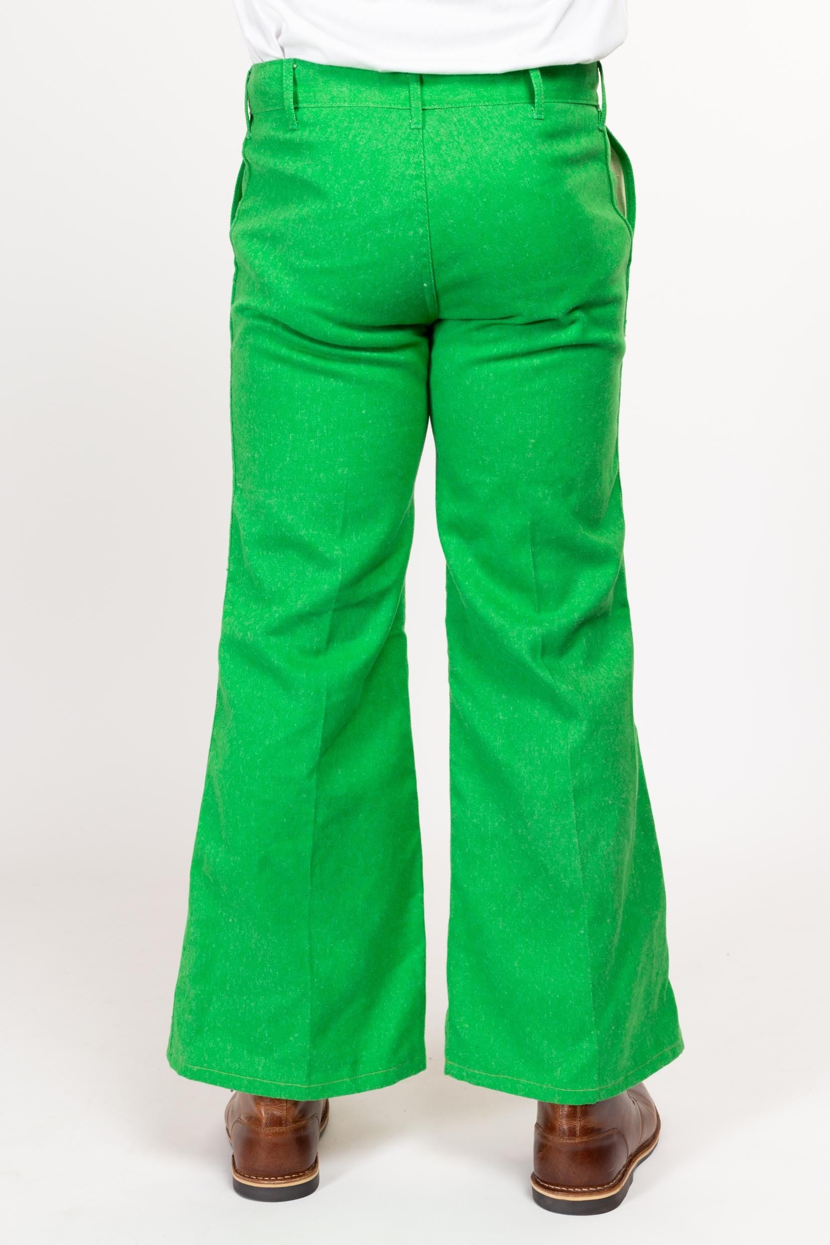 34x30 70s Bright Green Flared Trousers Medium Short | Retro Vintage Bell Bottom Hippie Pants