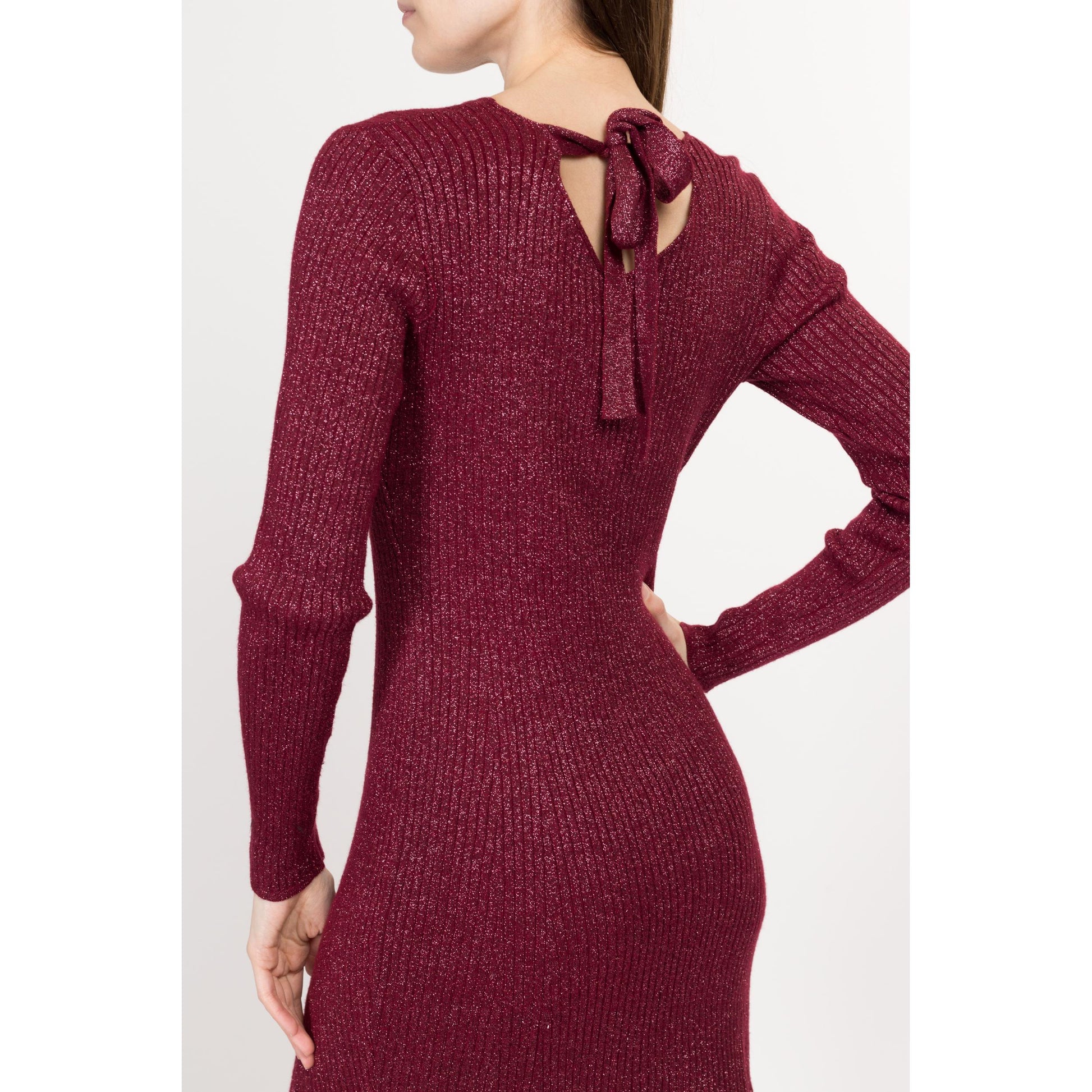 red lurex dress Sail to Sable Red Lurex Long Sleeve Smocked Waist Midi Dress Red TROPICAL BLOCK PRINT / L / H25372