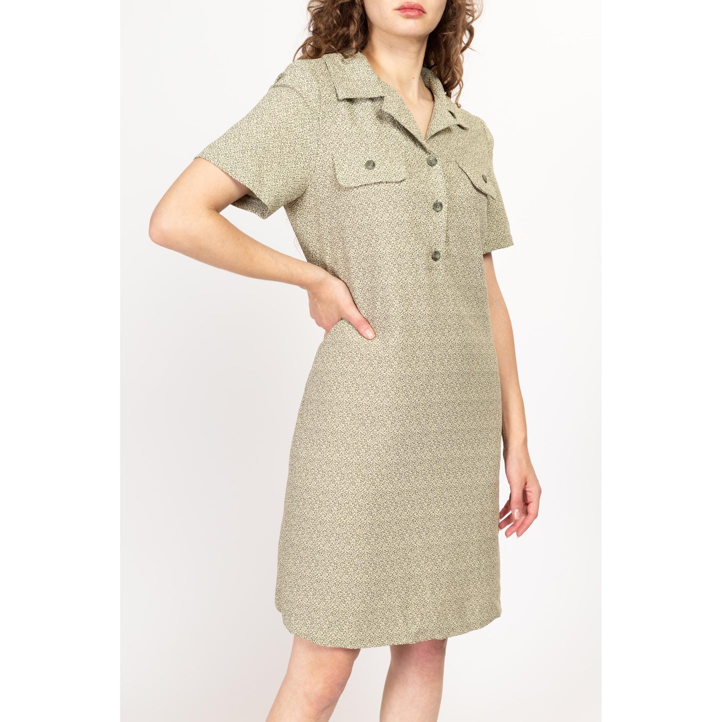 Medium 90s Sage Green Vine Print Mini Grunge Dress Size 10 | Vintage Button Up Short Sleeve Boho A Line Shirtdress
