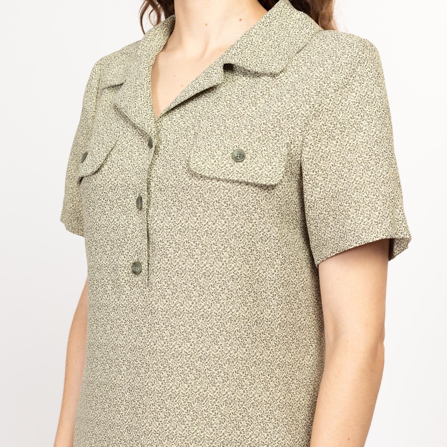 Medium 90s Sage Green Vine Print Mini Grunge Dress Size 10 | Vintage Button Up Short Sleeve Boho A Line Shirtdress