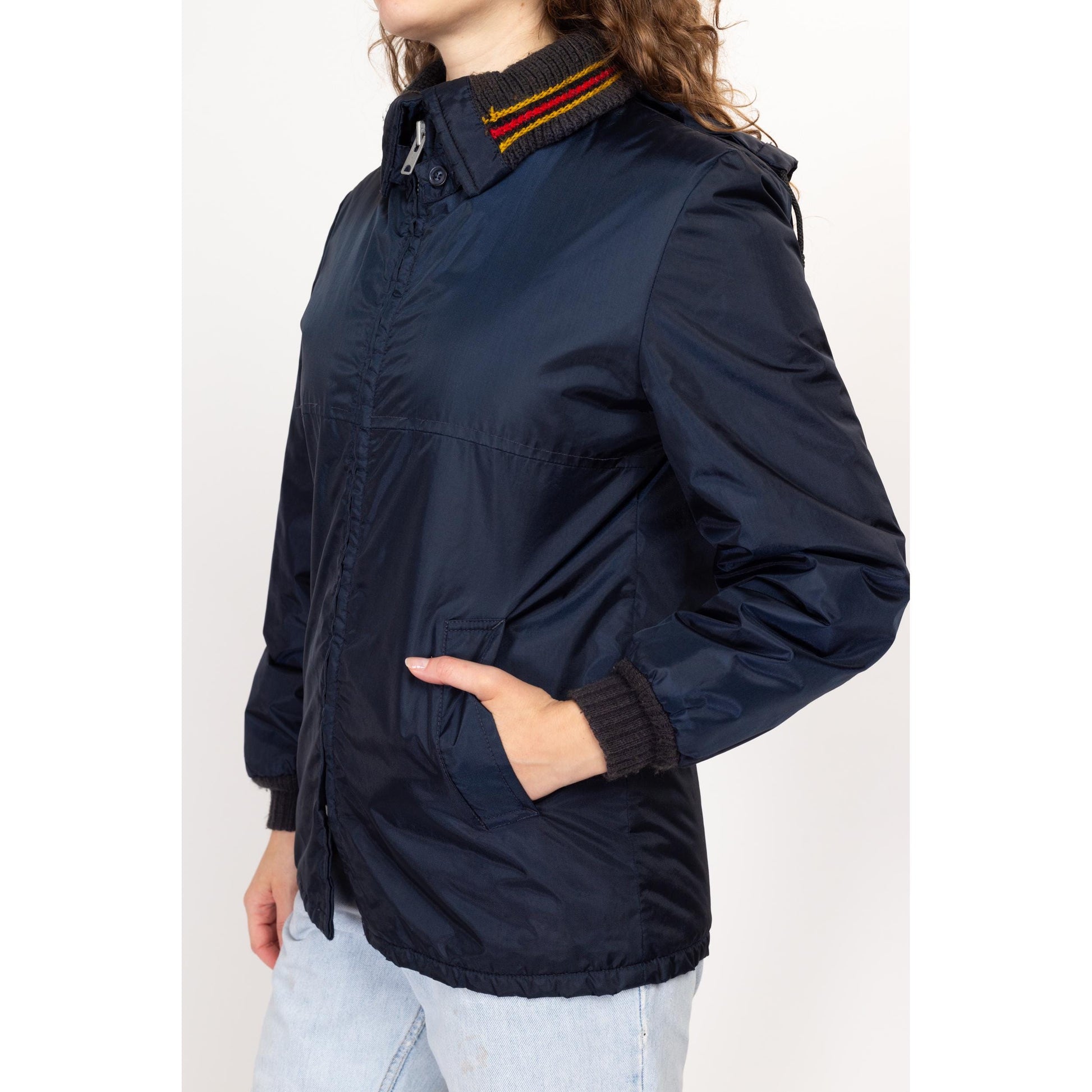 Small 70s Navy Blue Plush Lined Ringer Jacket | Vintage Striped Collar Zip Up Hooded Winter Coat